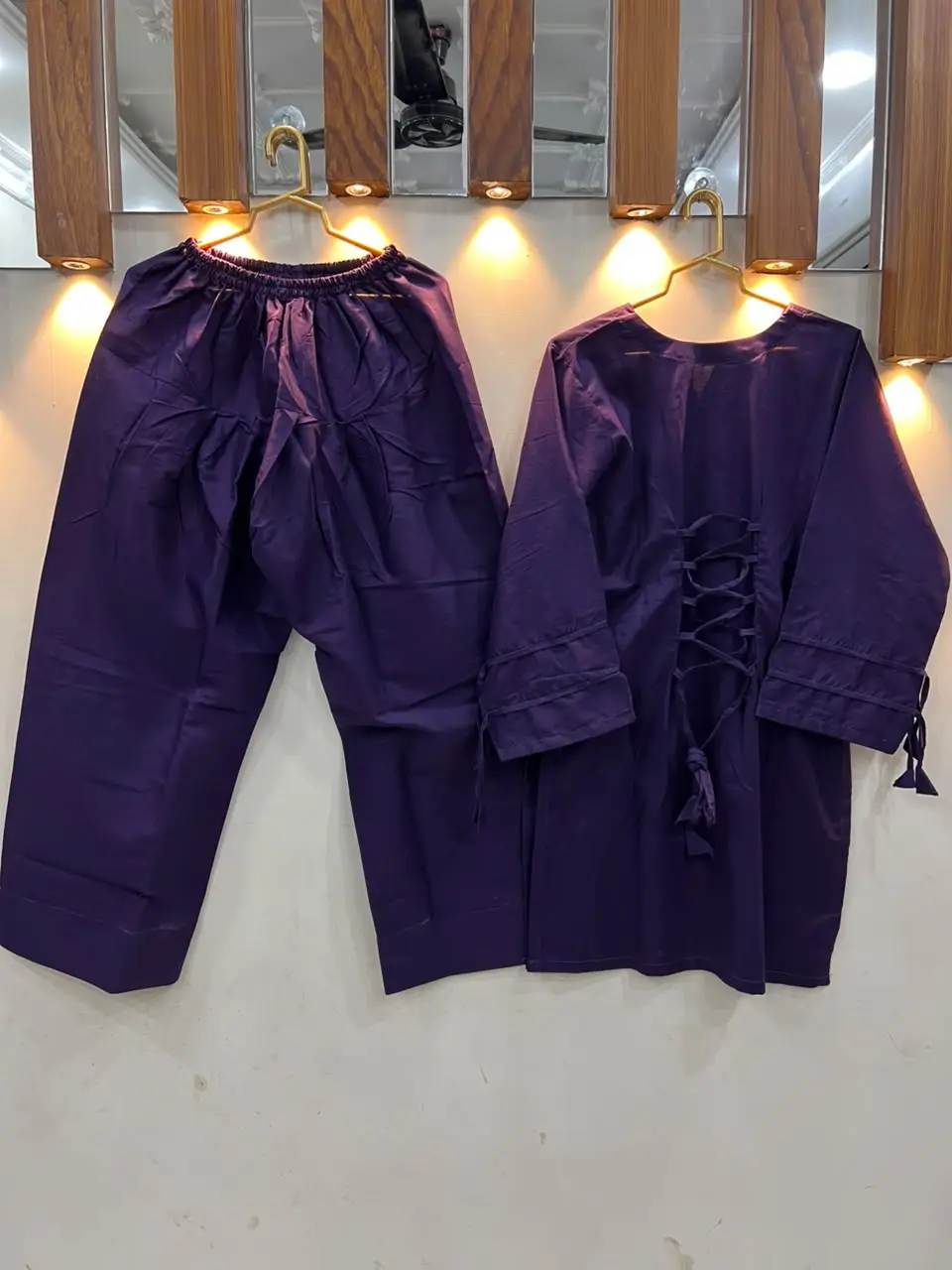 2 Pcs Women's Stitched Premium Cotton Plain Shirt And Farshi Shalwar