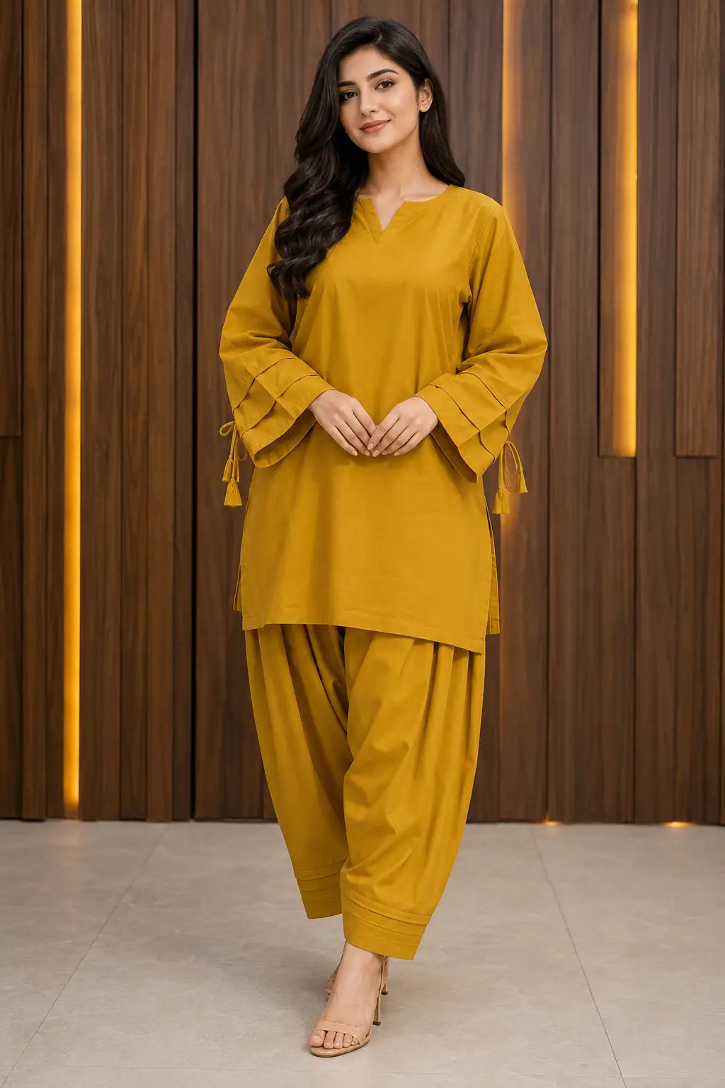 2 Pcs Women's Stitched Premium Cotton Plain Shirt And Farshi Shalwar
