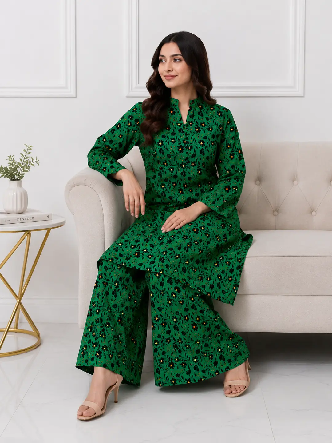 2 Pcs Women's Stitched winter Cotton Printed Long Shirt And Trouser