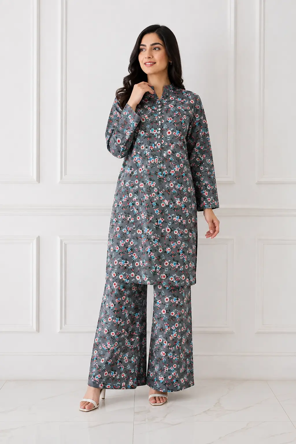2 Pcs Women's Stitched winter Cotton Printed Long Shirt And Trouser
