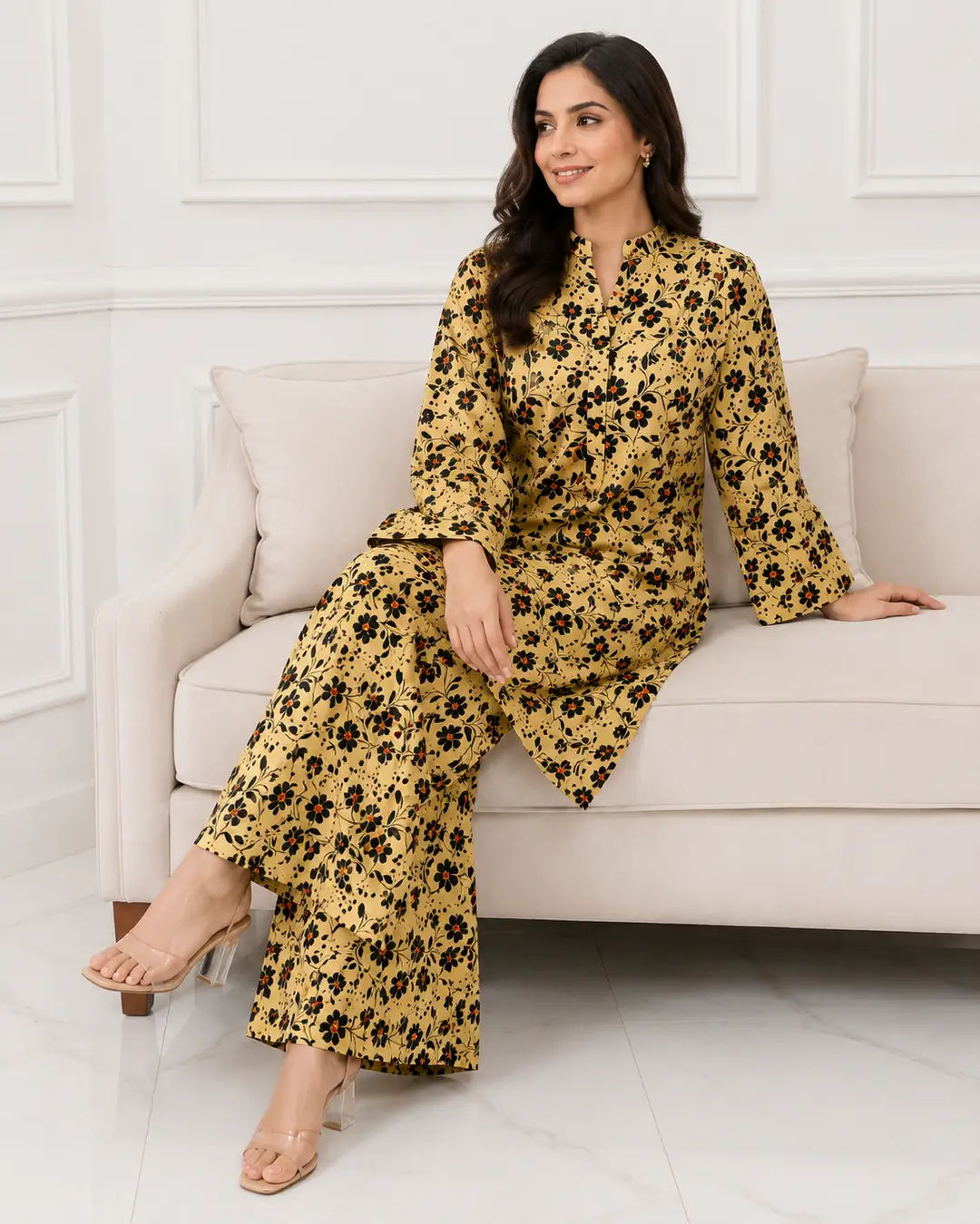 2 Pcs Women's Stitched winter Cotton Printed Long Shirt And Trouser