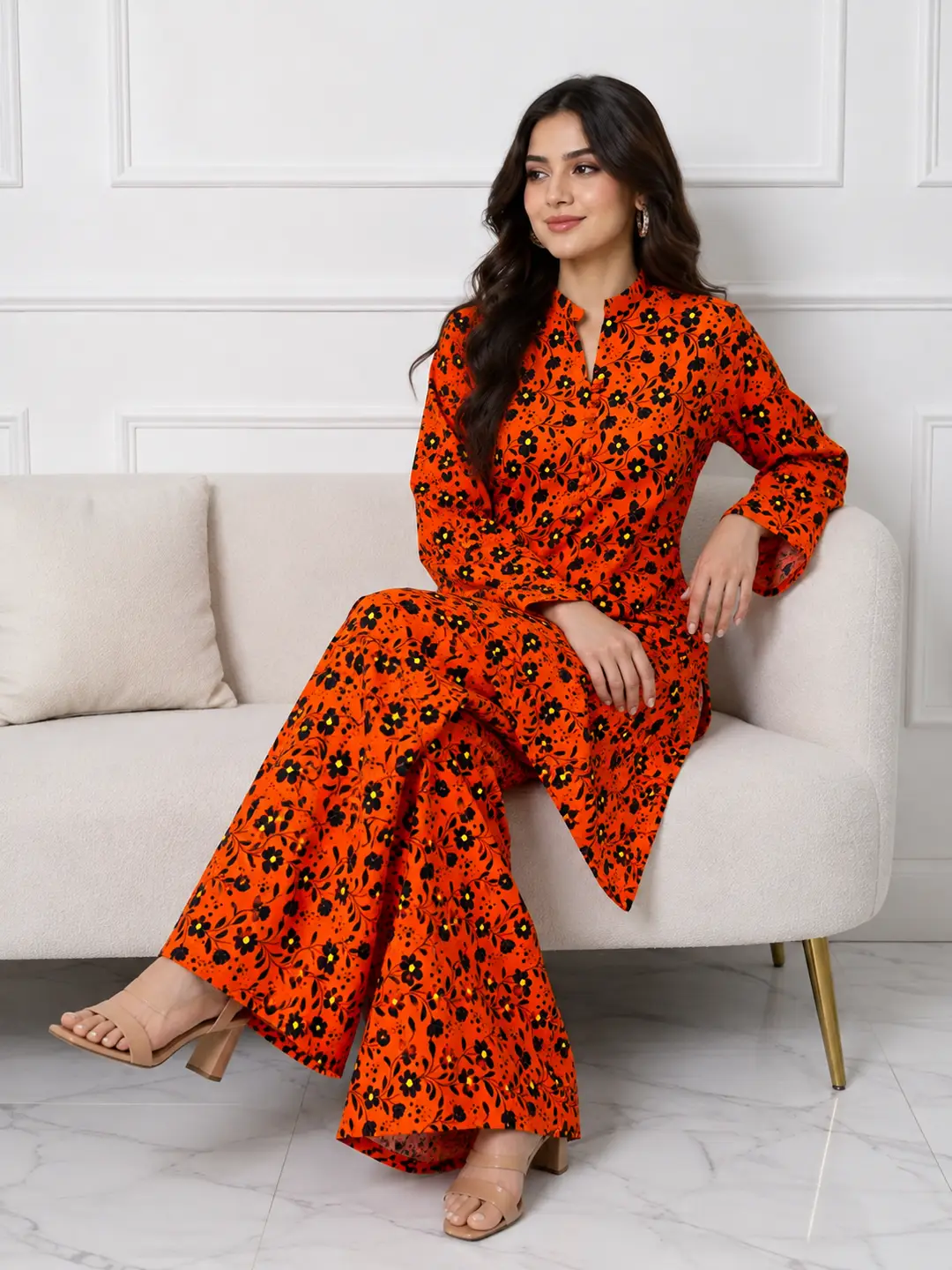 2 Pcs Women's Stitched winter Cotton Printed Long Shirt And Trouser