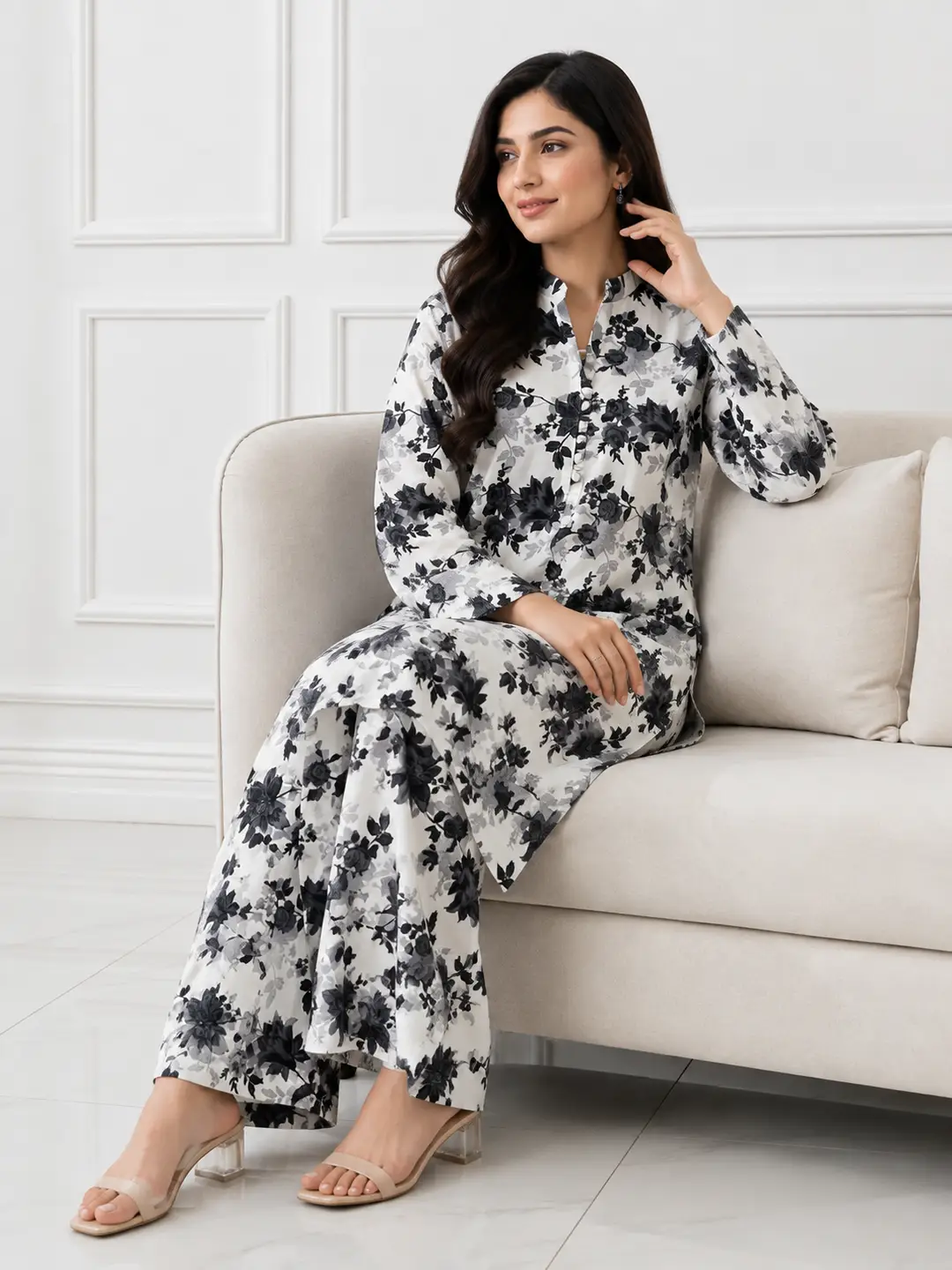 2 Pcs Women's Stitched winter Cotton Printed Long Shirt And Trouser