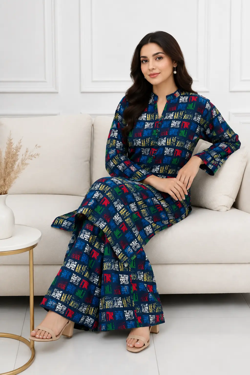 2 Pcs Women's Stitched winter Cotton Printed Long Shirt And Trouser