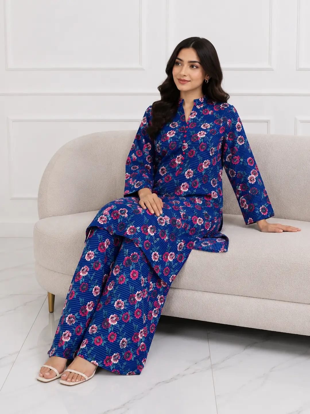 2 Pcs Women's Stitched winter Cotton Printed Long Shirt And Trouser