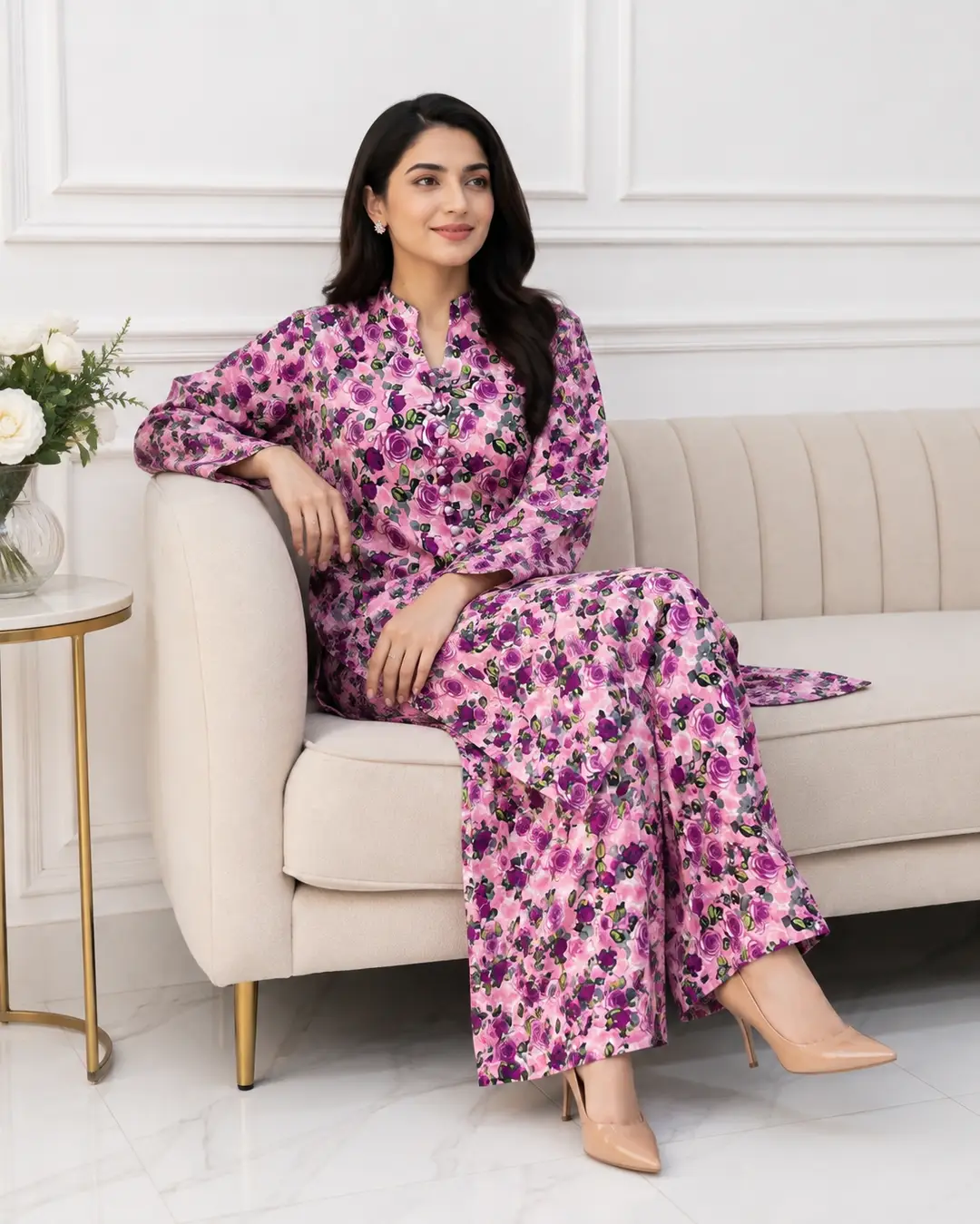 2 Pcs Women's Stitched winter Cotton Printed Long Shirt And Trouser