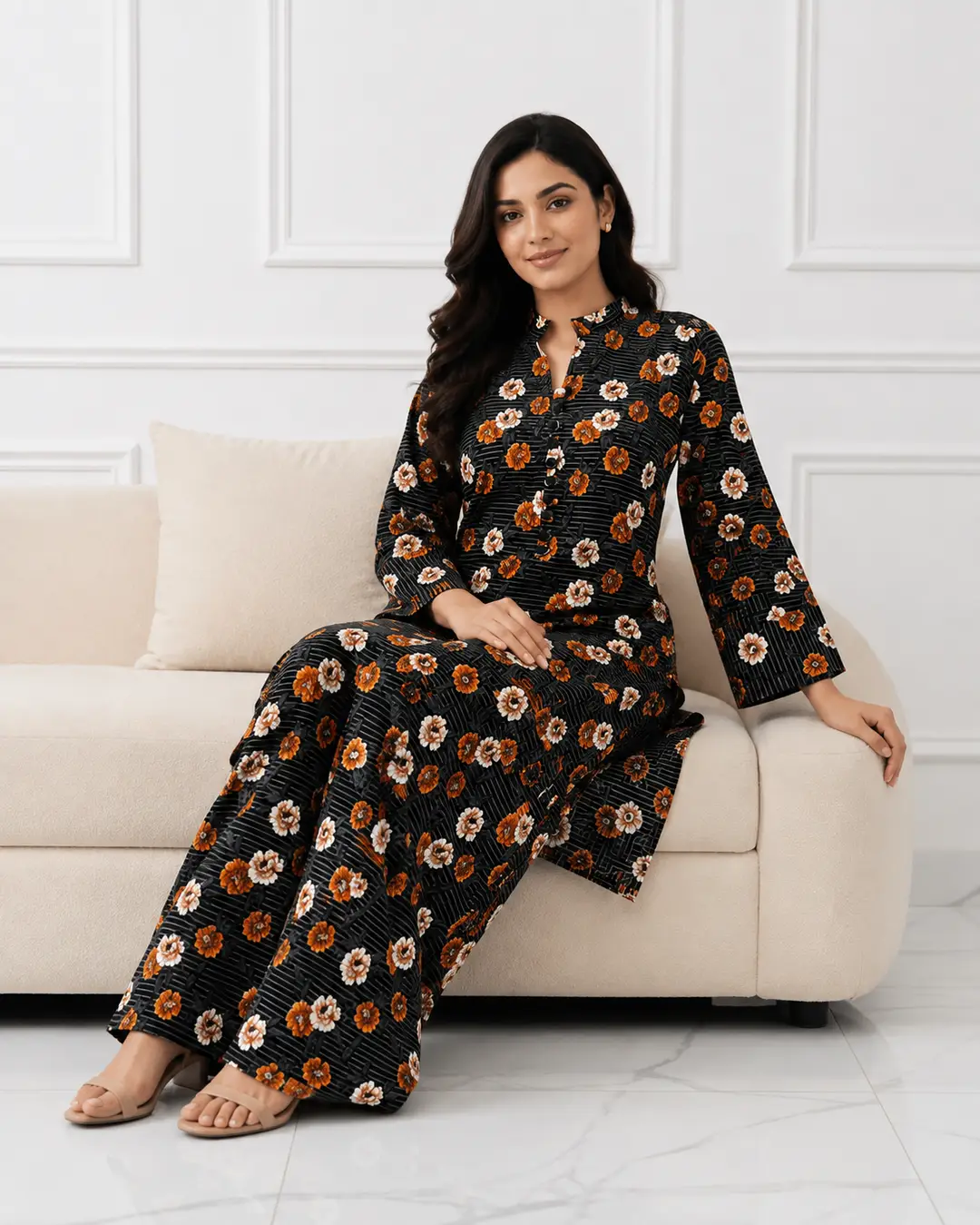 2 Pcs Women's Stitched winter Cotton Printed Long Shirt And Trouser