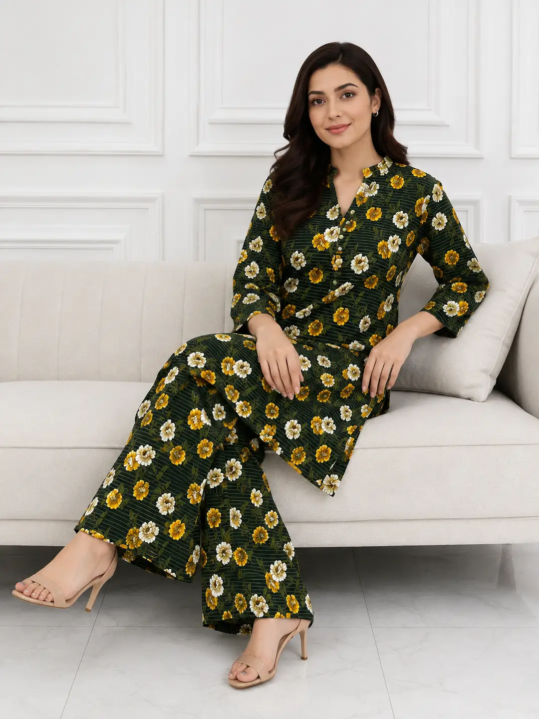 2 Pcs Women's Stitched winter Cotton Printed Long Shirt And Trouser
