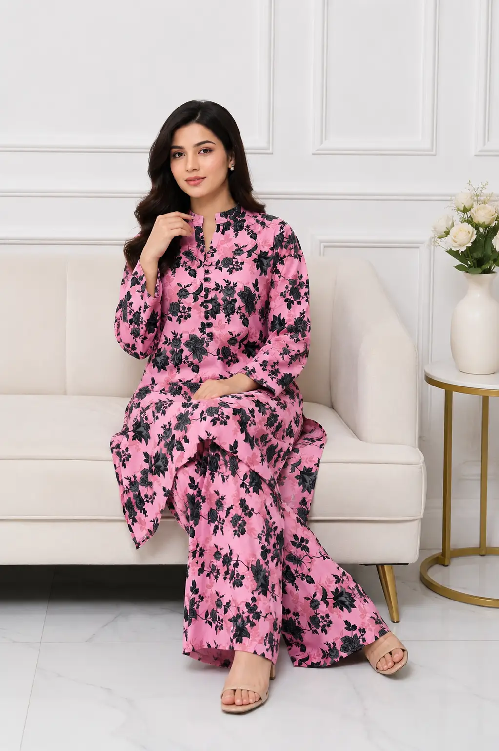 2 Pcs Women's Stitched winter Cotton Printed Long Shirt And Trouser