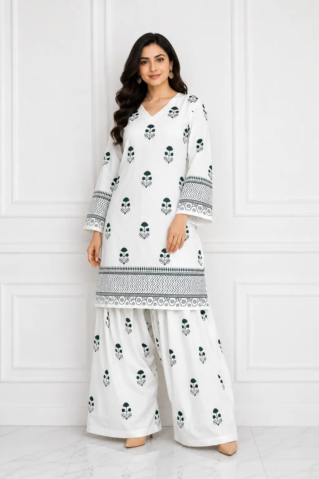 2 Pcs Women's Stitched Cotton Lawn Printed Shirt And Farshi Shalwar
