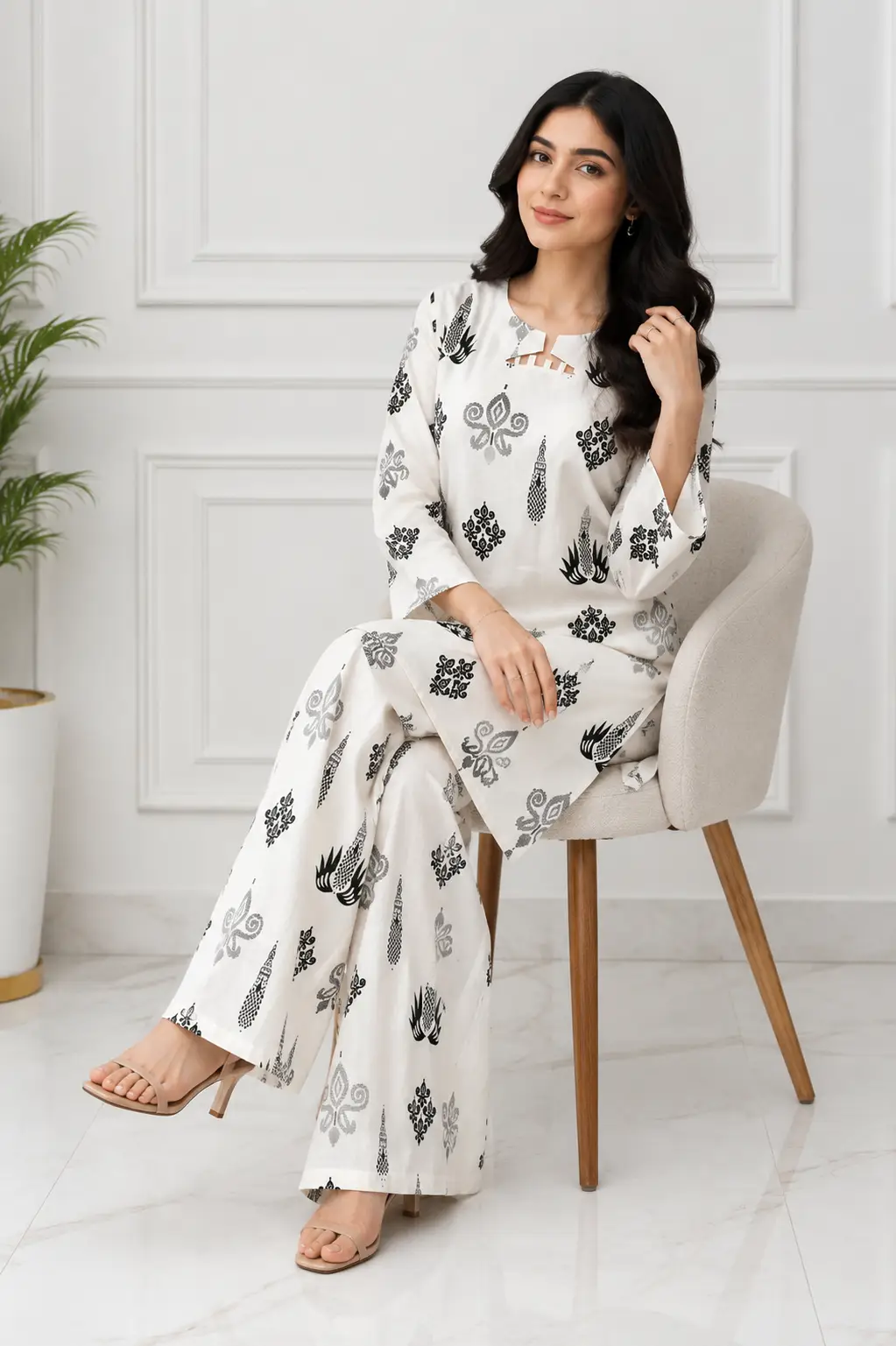 2 Pcs Women's Stitched Cotton Lawn Printed Co-Ord Set (Bangali)