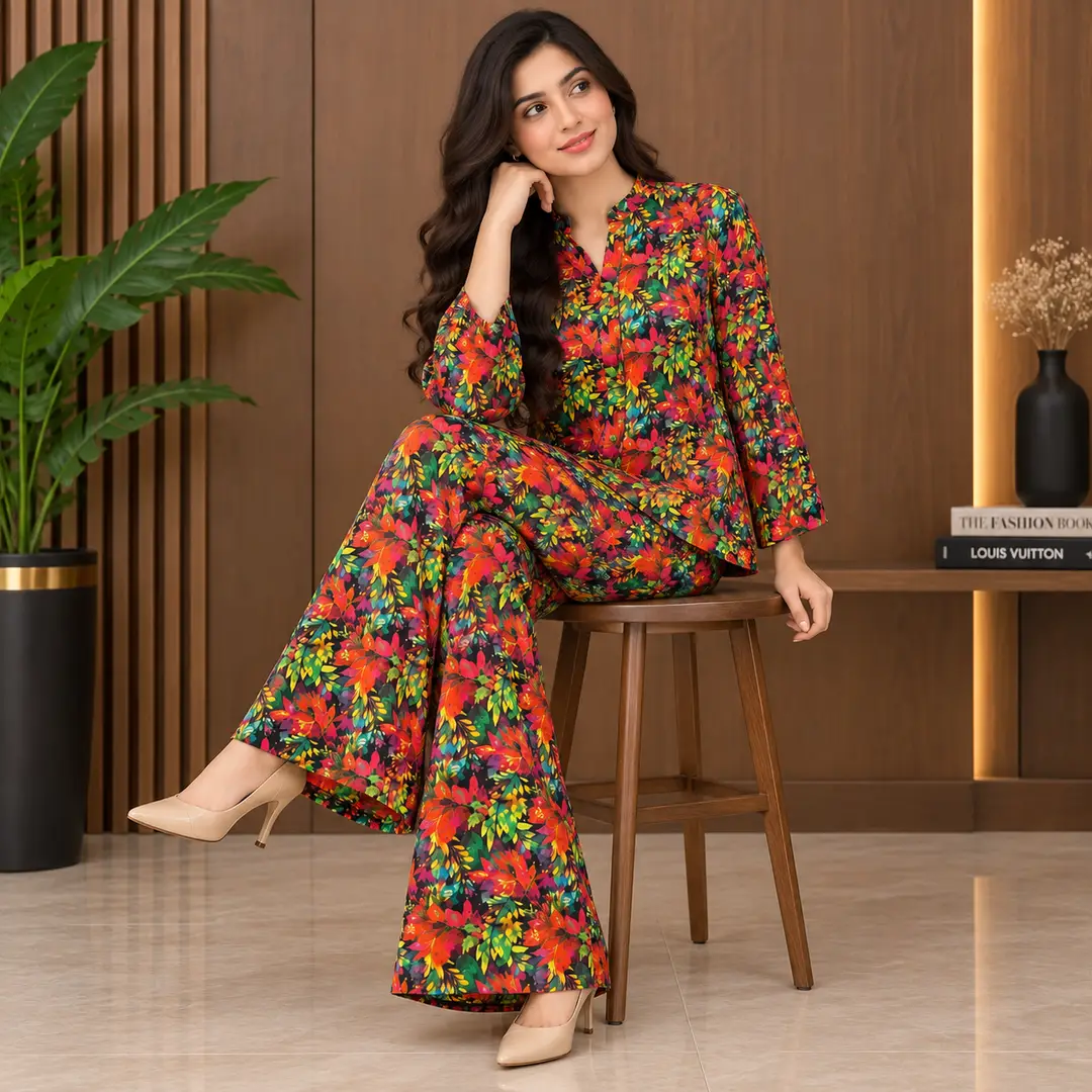2 Pcs Women's Stitched Linen Printed Co-Ord Set