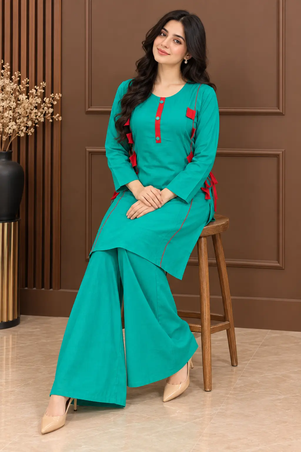 2 Pcs Women's Stitched Linen Hand Work Shirt And Trouser