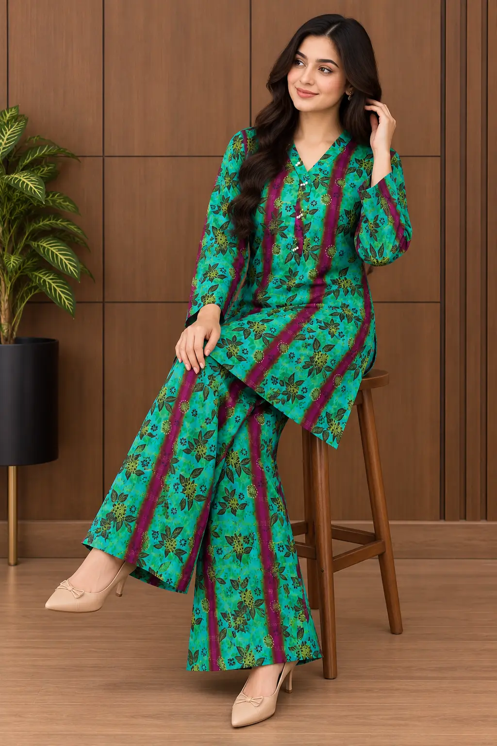 2 Pcs Women's Stitched Linen Printed Shirt And Trouser
