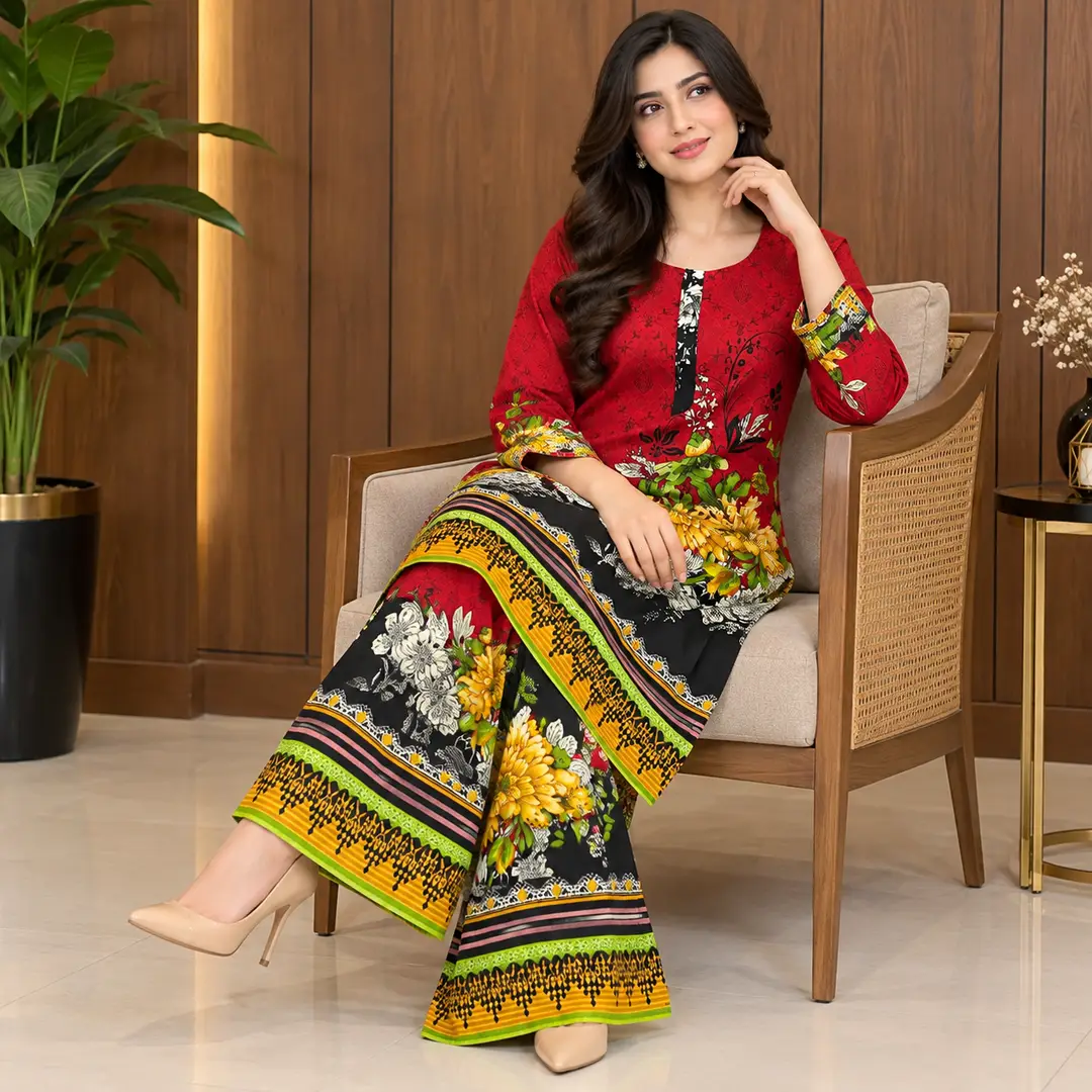 2 Pcs Women's Stitched Linen Printed Shirt And Trouser