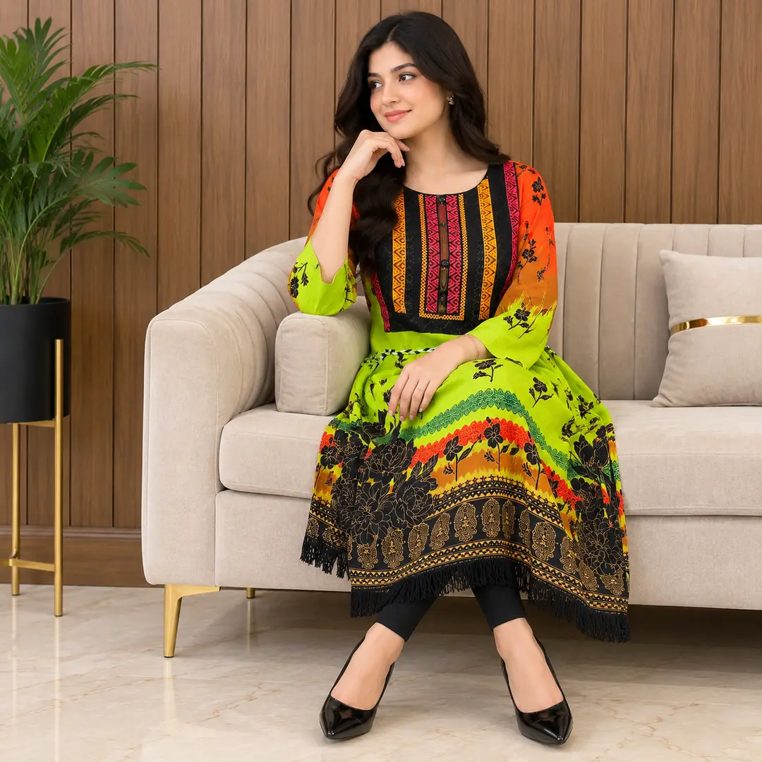 2 Pcs Women's Stitched Linen Embroidered Frock And Trouser
