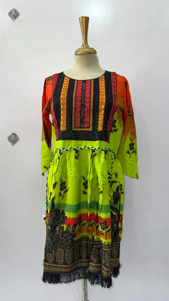 2 Pcs Women's Stitched Linen Embroidered Frock And Trouser