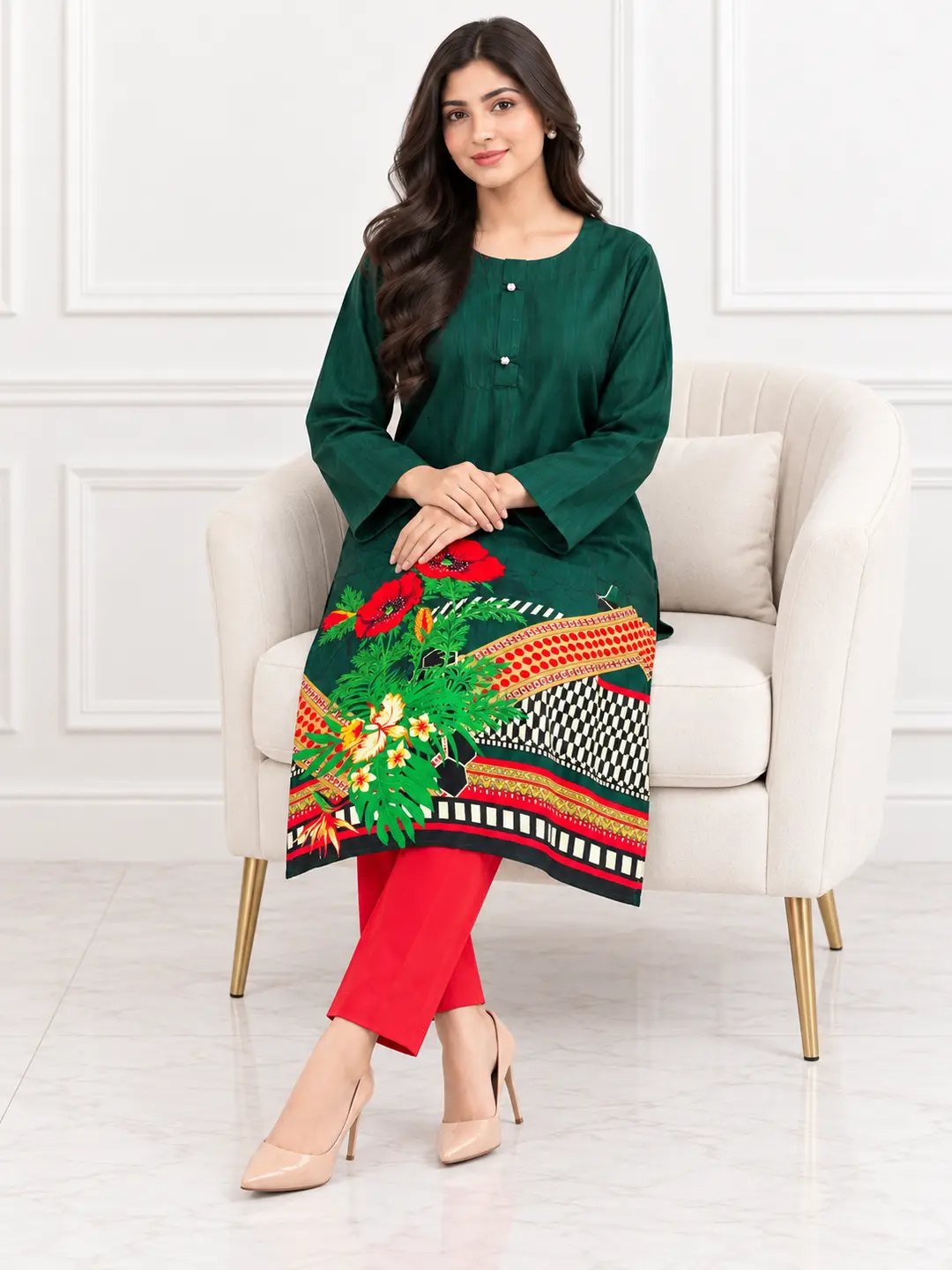 2 Pcs Women's Stitched Linen Printed Shirt And Trouser