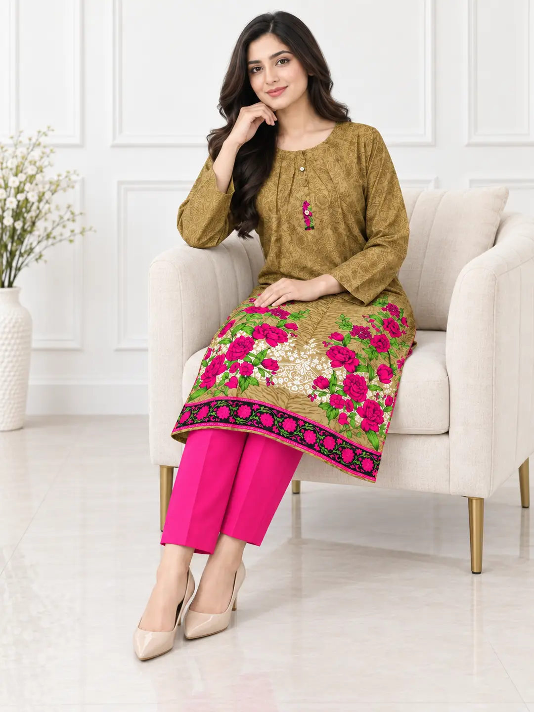 2 Pcs Women's Stitched Linen Printed Shirt And Trouser