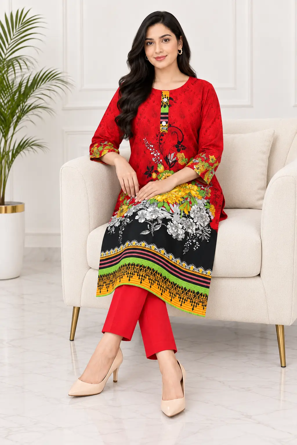 2 Pcs Women's Stitched Linen Printed Shirt And Trouser
