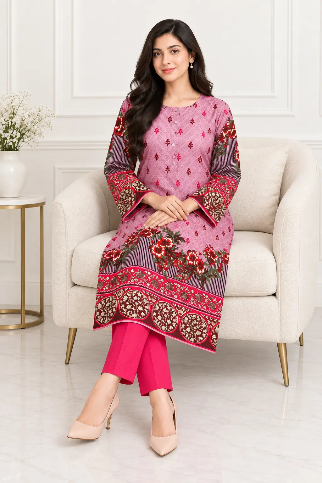 2 Pcs Women's Stitched Linen Printed Shirt And Trouser