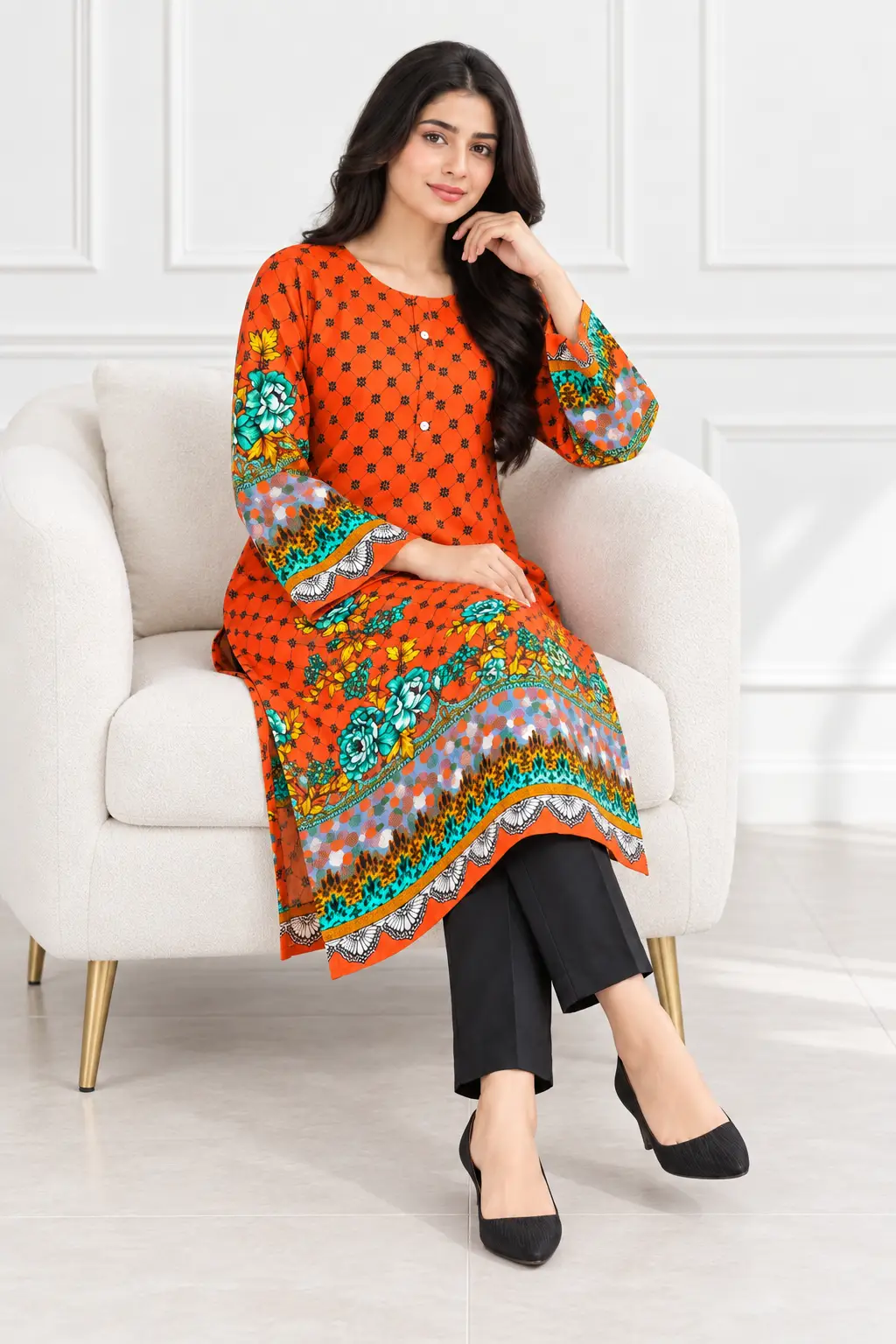 2 Pcs Women's Stitched Linen Printed Shirt And Trouser