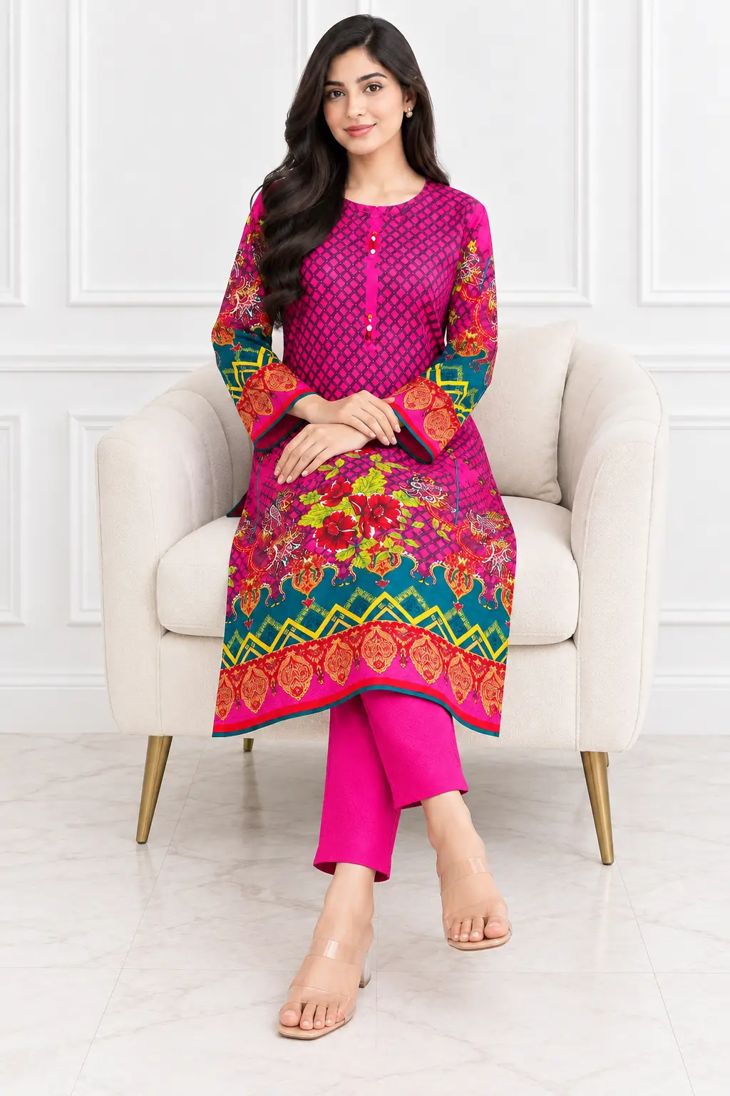 2 Pcs Women's Stitched Linen Printed Shirt And Trouser