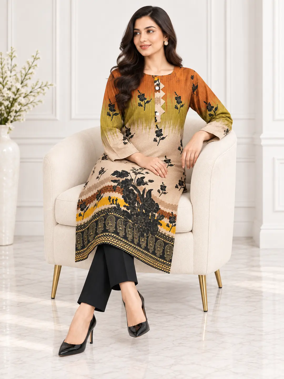2 Pcs Women's Stitched Linen Printed Shirt And Trouser