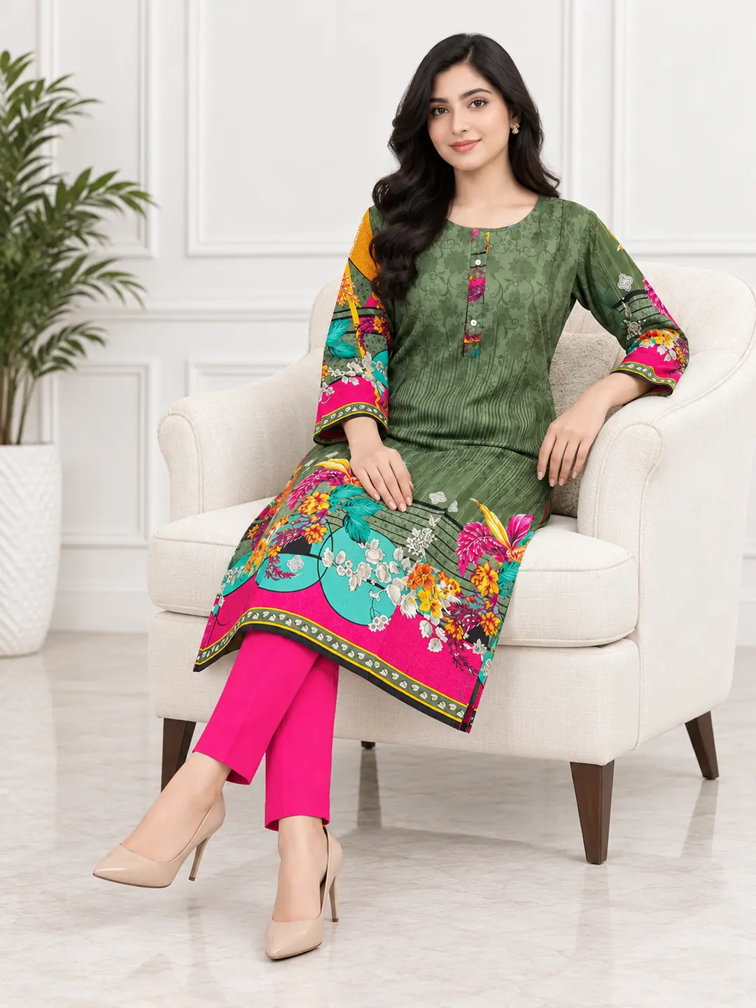 2 Pcs Women's Stitched Linen Printed Shirt And Trouser