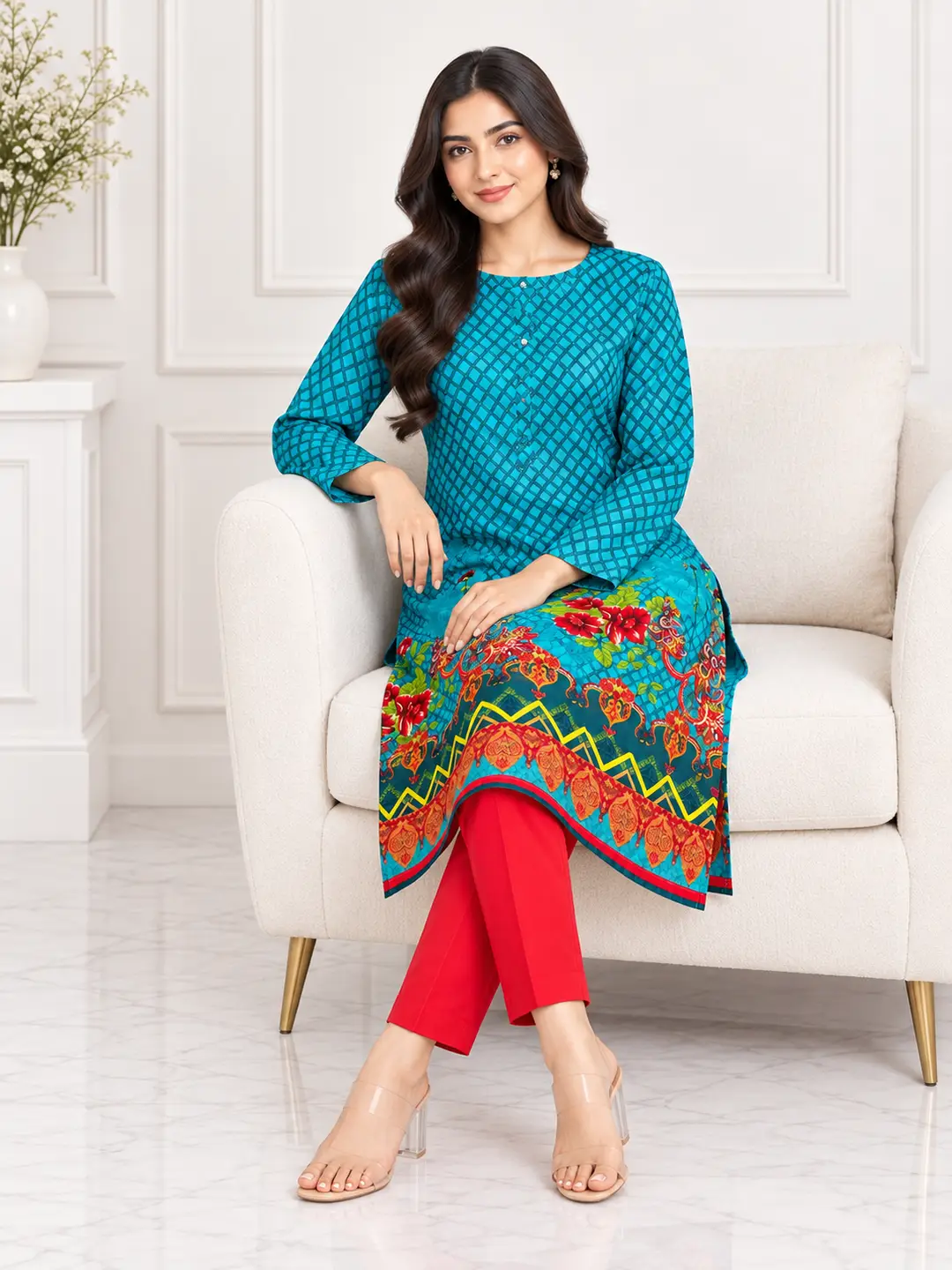 2 Pcs Women's Stitched Linen Printed Shirt And Trouser