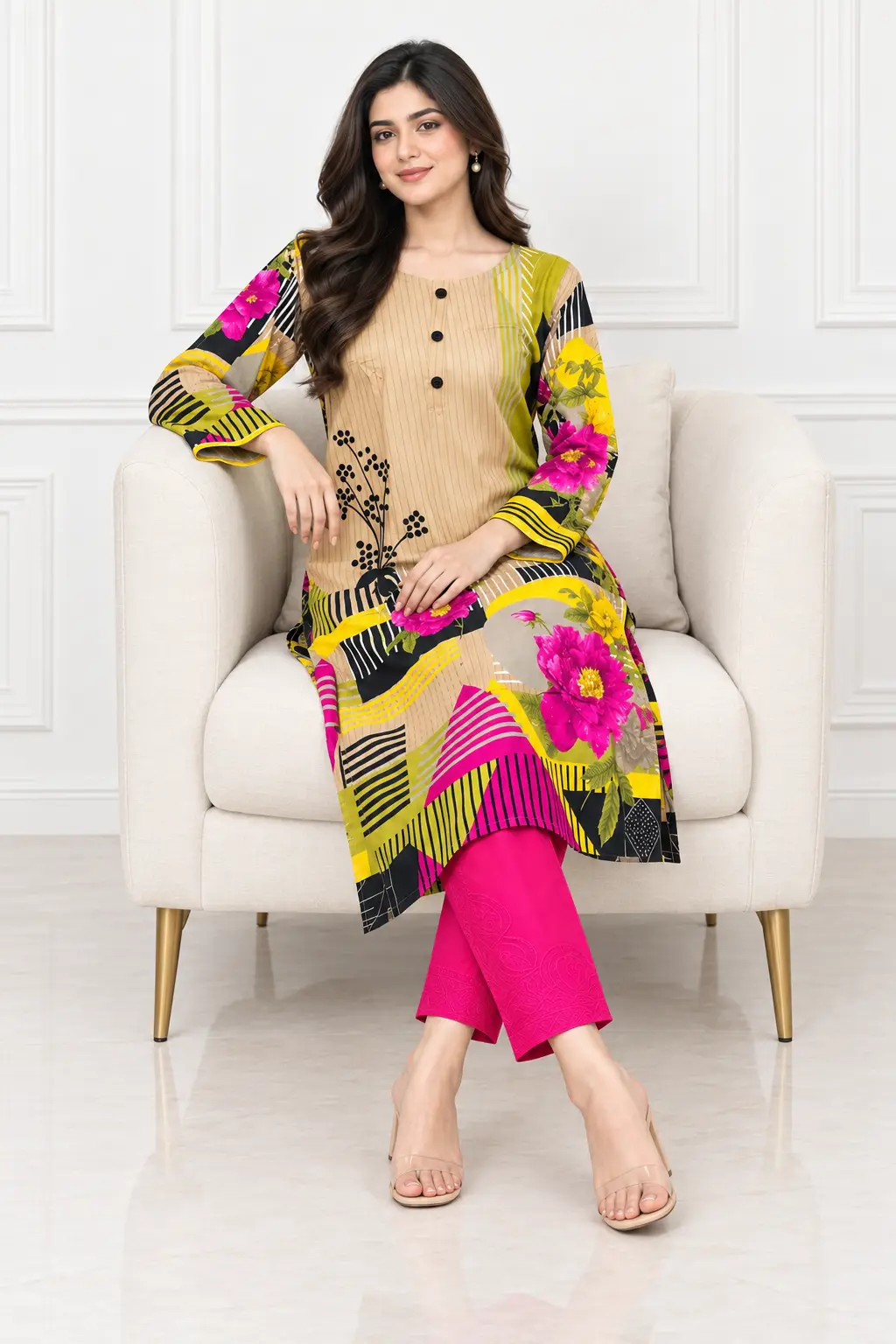 2 Pcs Women's Stitched Linen Printed Shirt And Trouser