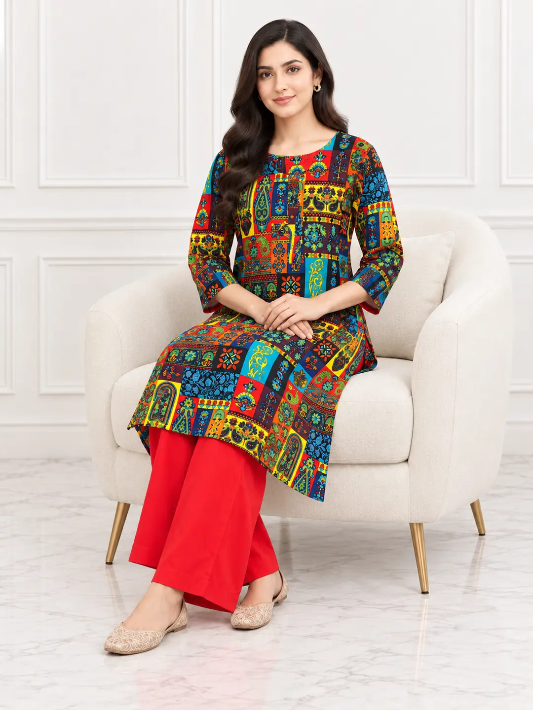 2 Pcs Women's Stitched Linen Printed Shirt And Trouser