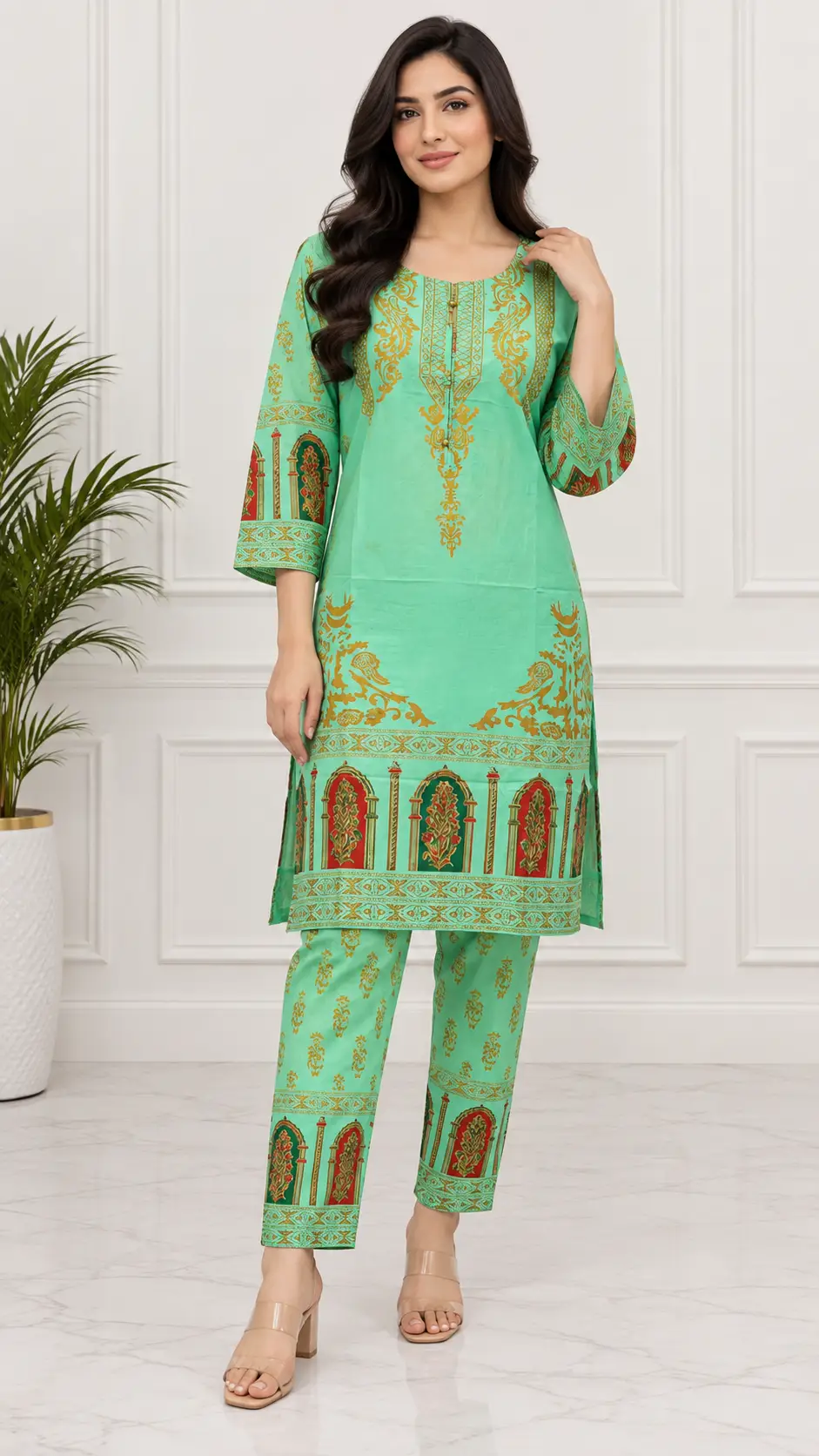 2 Pcs Women's Stitched Linen Printed Shirt And Trouser