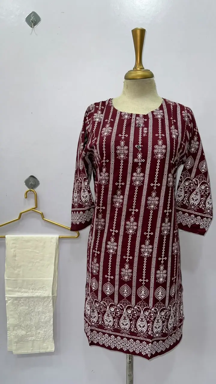 2 Pcs Women's Stitched Linen Printed Shirt And Trouser