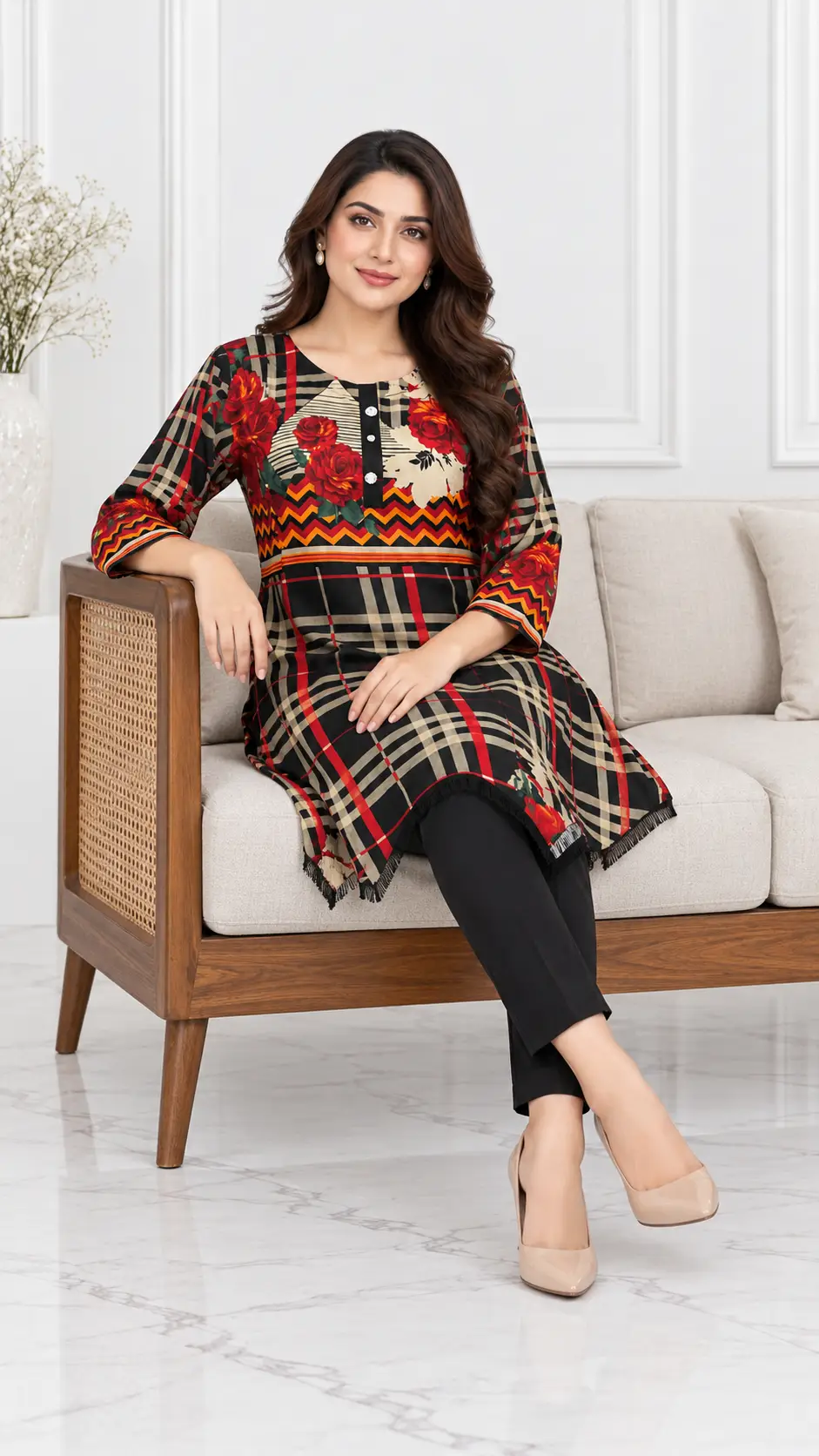 2 Pcs Women's Stitched Linen Printed Short Frock And Trouser