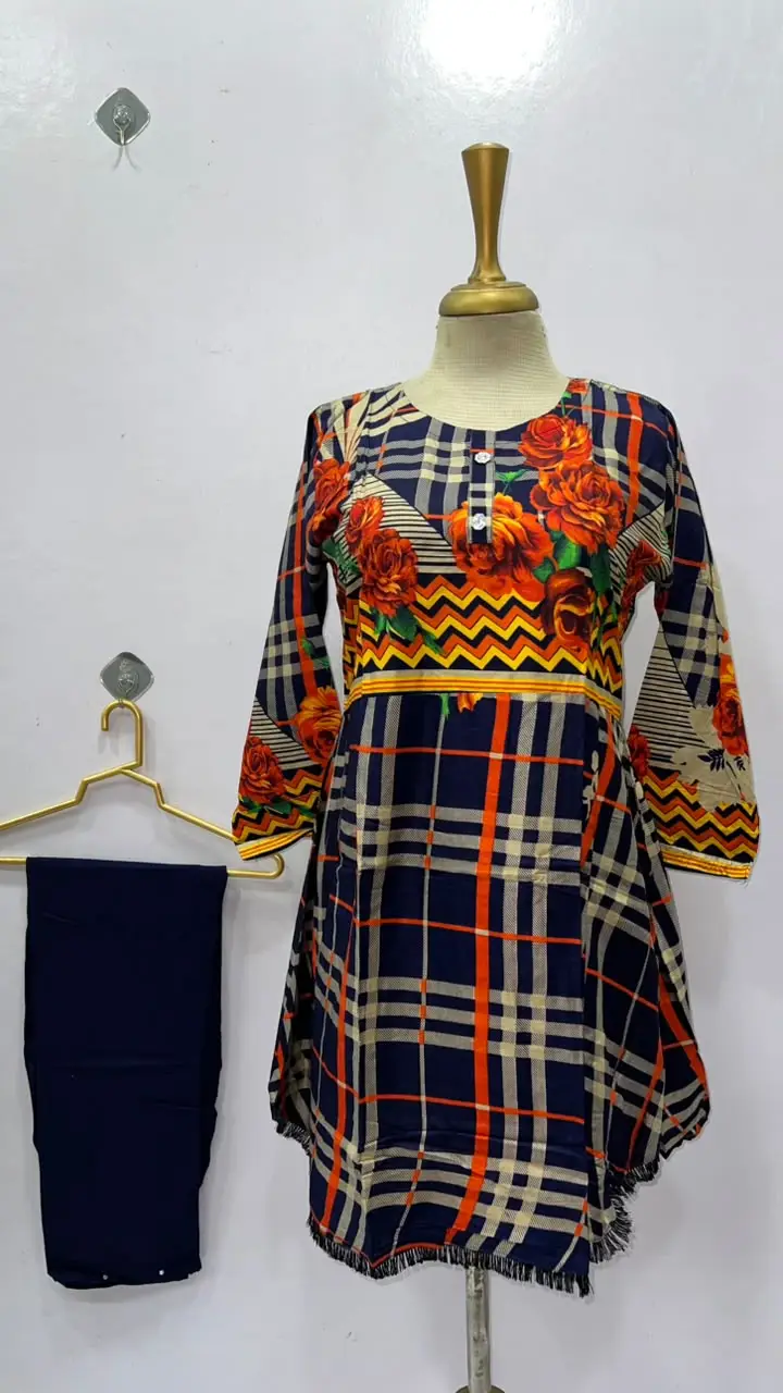 2 Pcs Women's Stitched Linen Printed Short Frock And Trouser