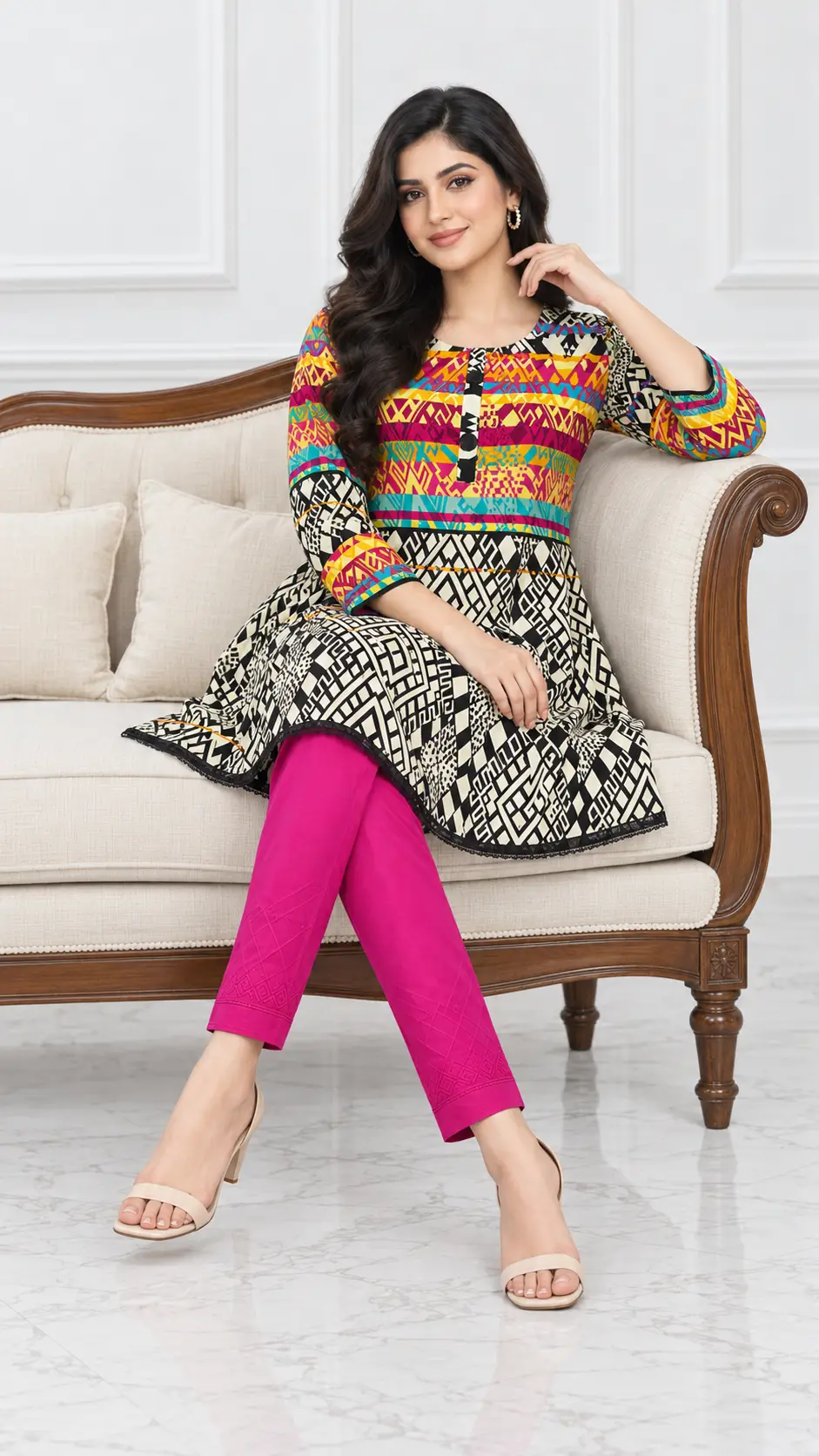 2 Pcs Women's Stitched Linen Printed Short Frock And Trouser