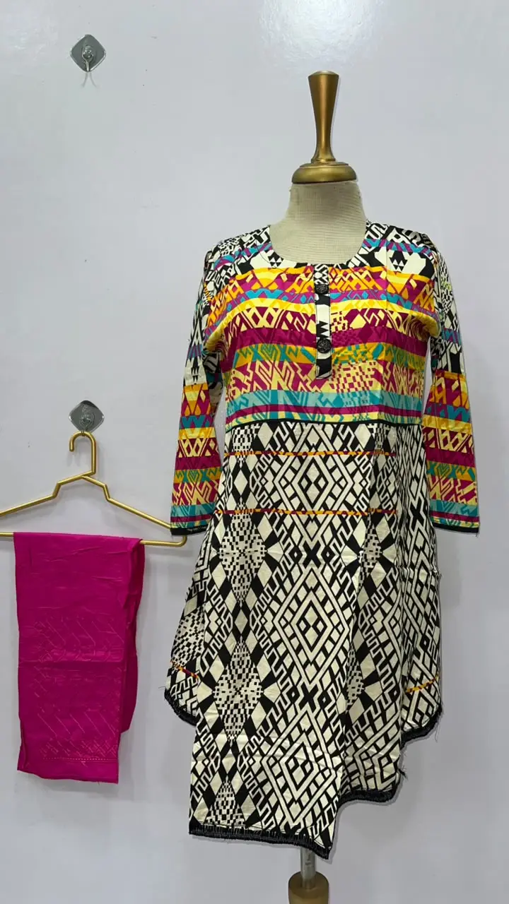 2 Pcs Women's Stitched Linen Printed Short Frock And Trouser