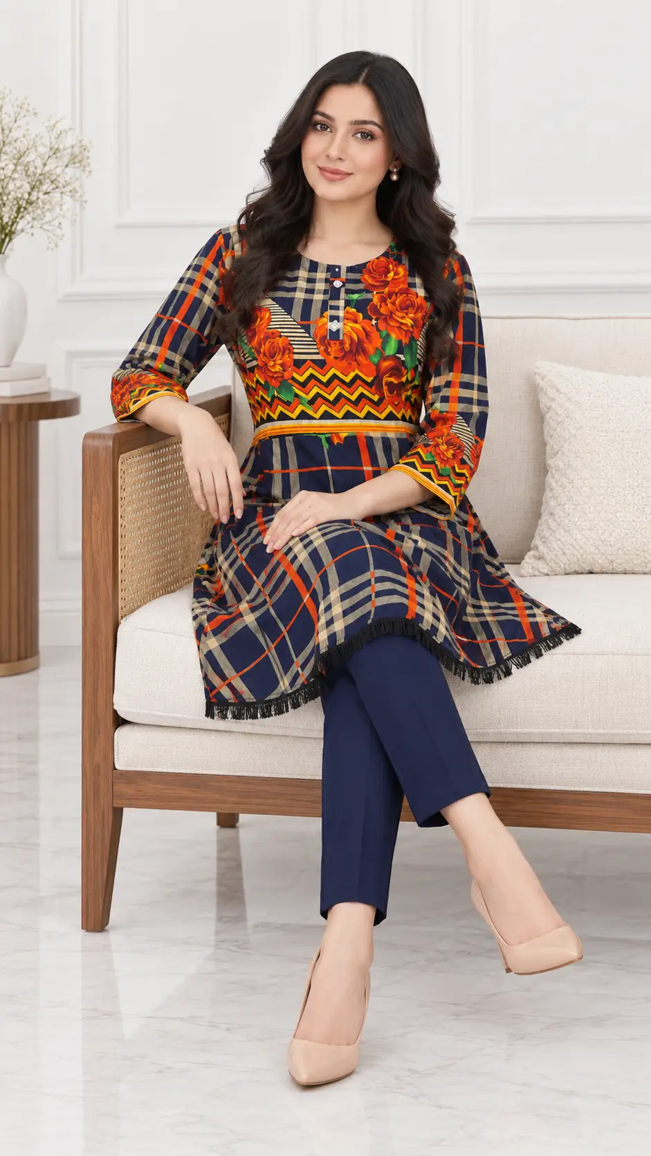 2 Pcs Women's Stitched Linen Printed Short Frock And Trouser