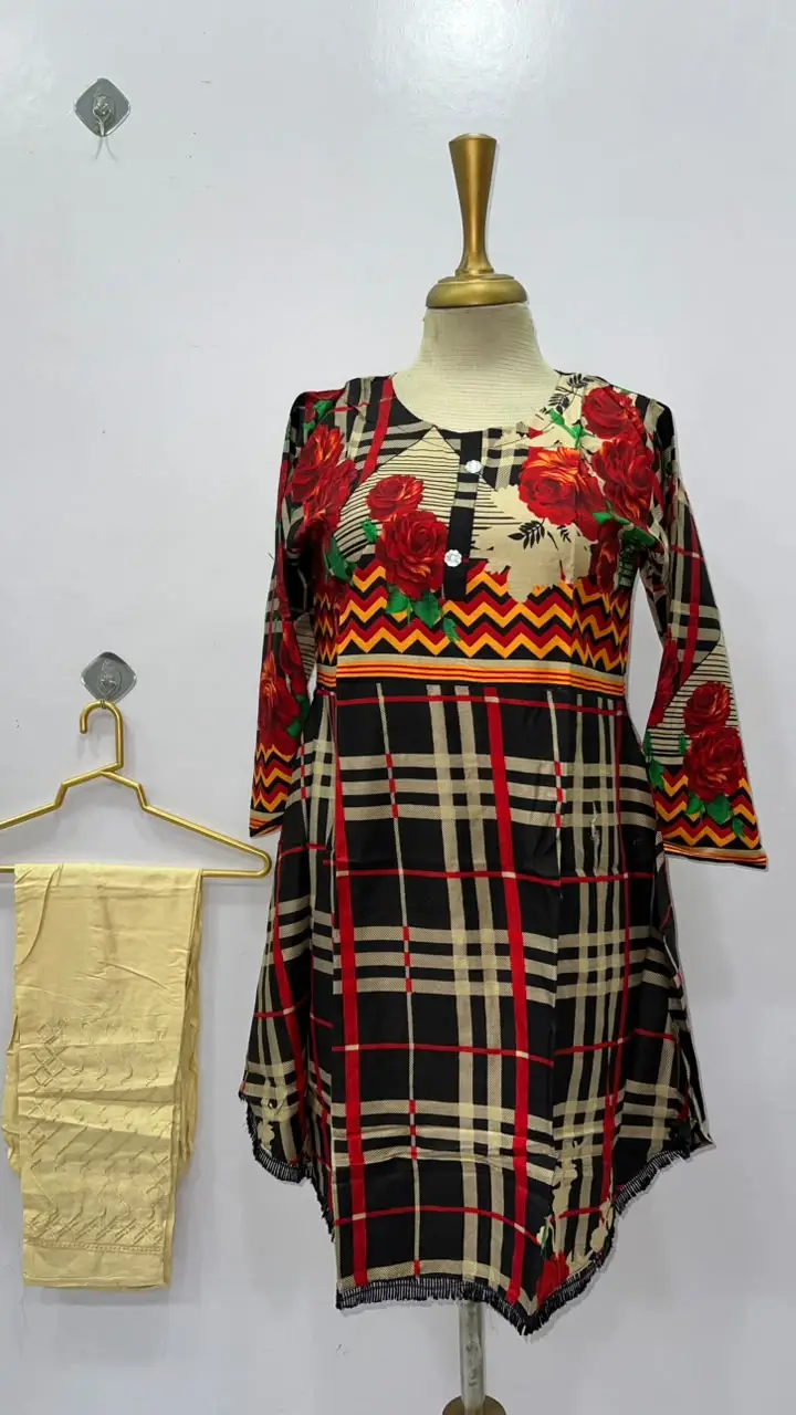2 Pcs Women's Stitched Linen Printed Short Frock And Trouser