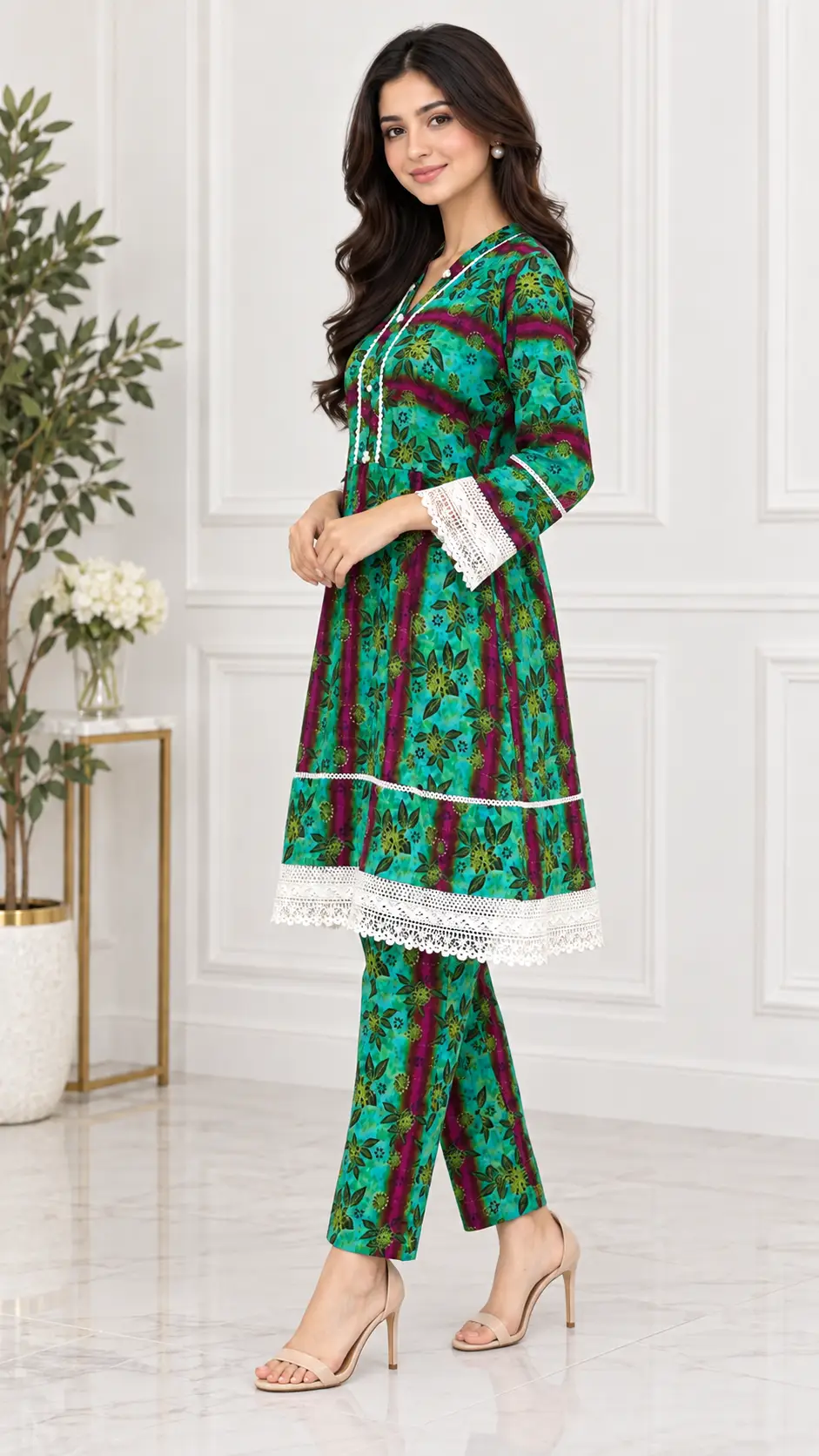 2 Pcs Women's Stitched Linen Printed Frock And Trouser