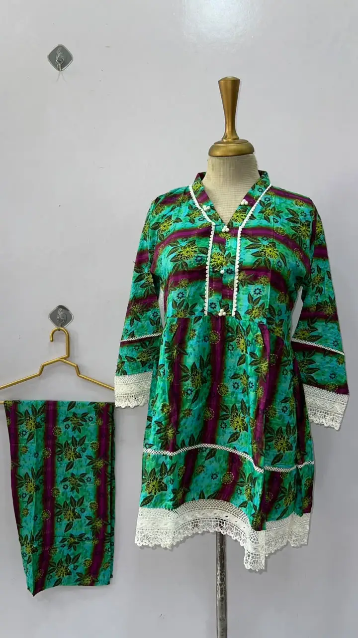2 Pcs Women's Stitched Linen Printed Frock And Trouser
