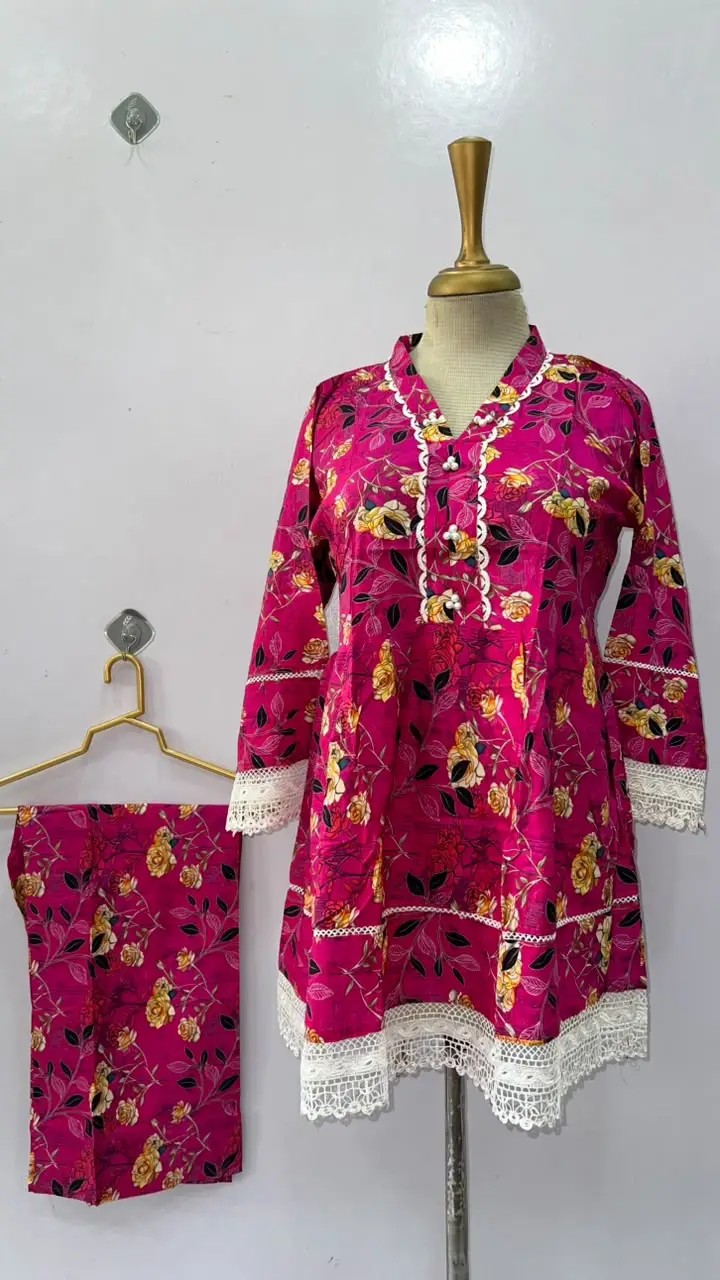 2 Pcs Women's Stitched Linen Printed Frock And Jacket