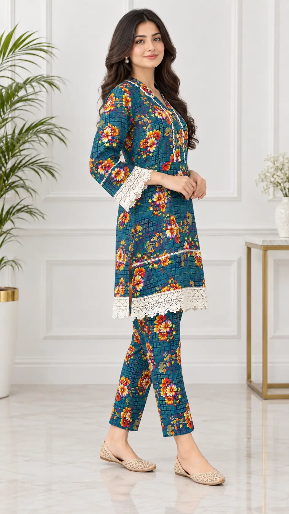2 Pcs Women's Stitched Linen Printed Frock And Trouser