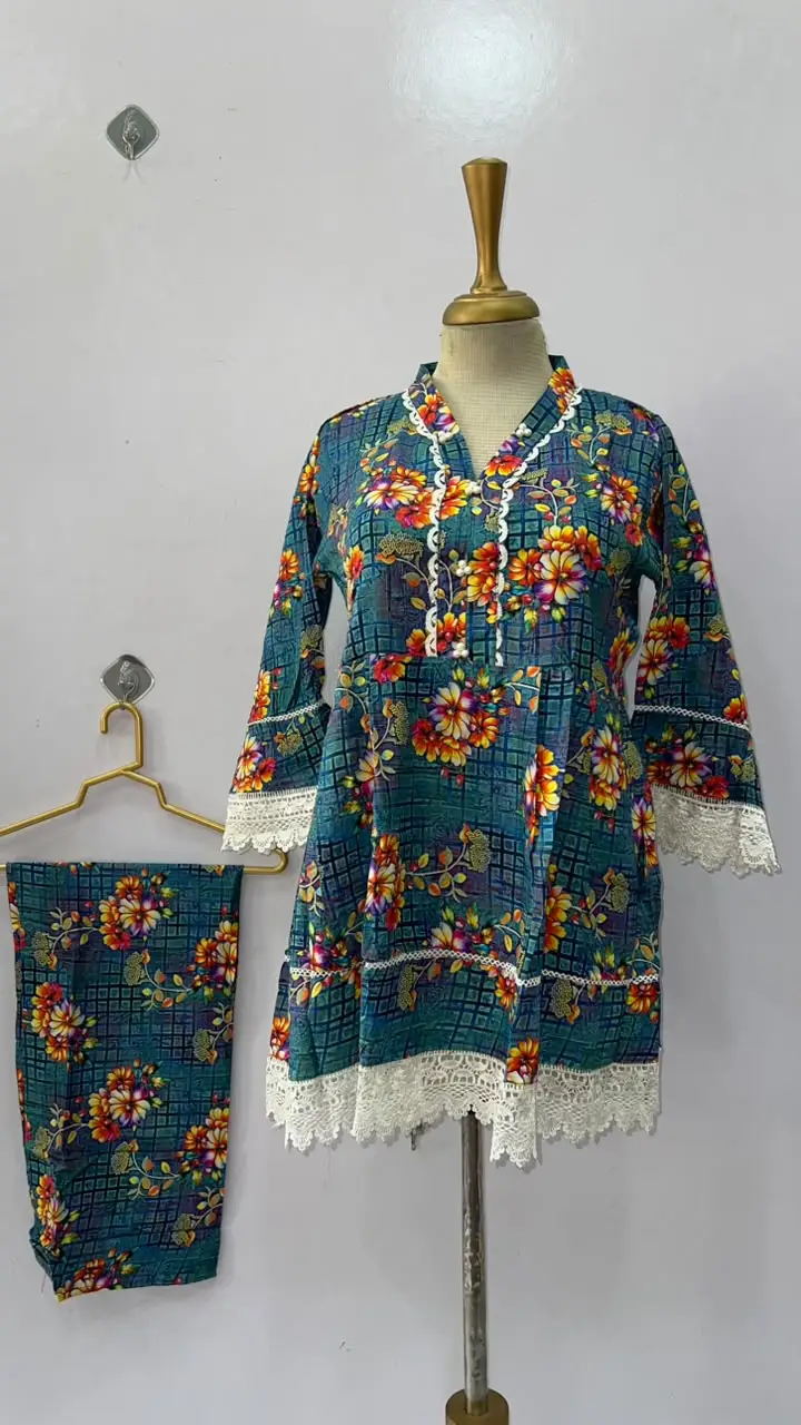 2 Pcs Women's Stitched Linen Printed Frock And Trouser