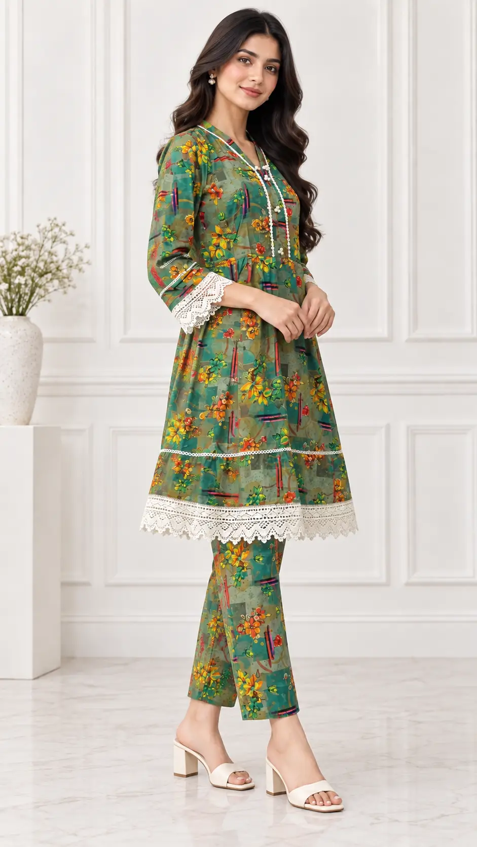 2 Pcs Women's Stitched Linen Printed Frock And Trouser