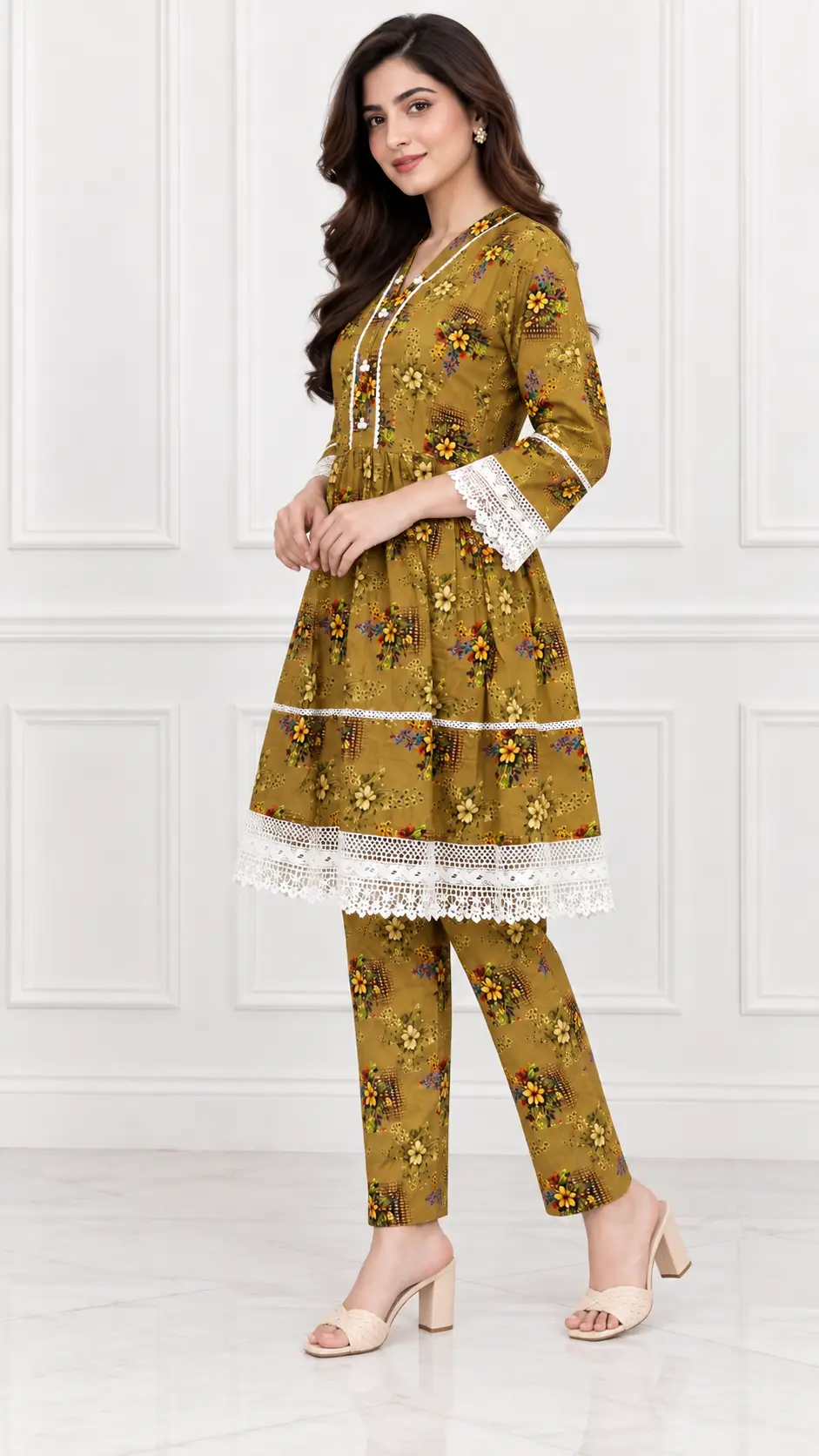 2 Pcs Women's Stitched Linen Printed Frock And Trouser