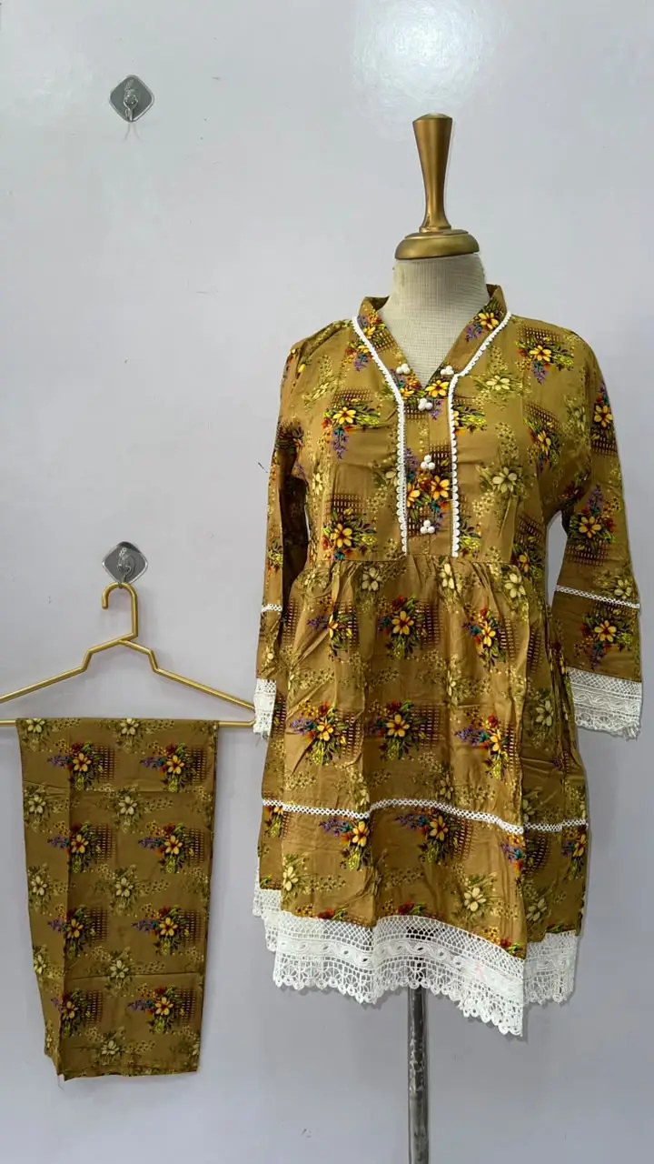 2 Pcs Women's Stitched Linen Printed Frock And Trouser