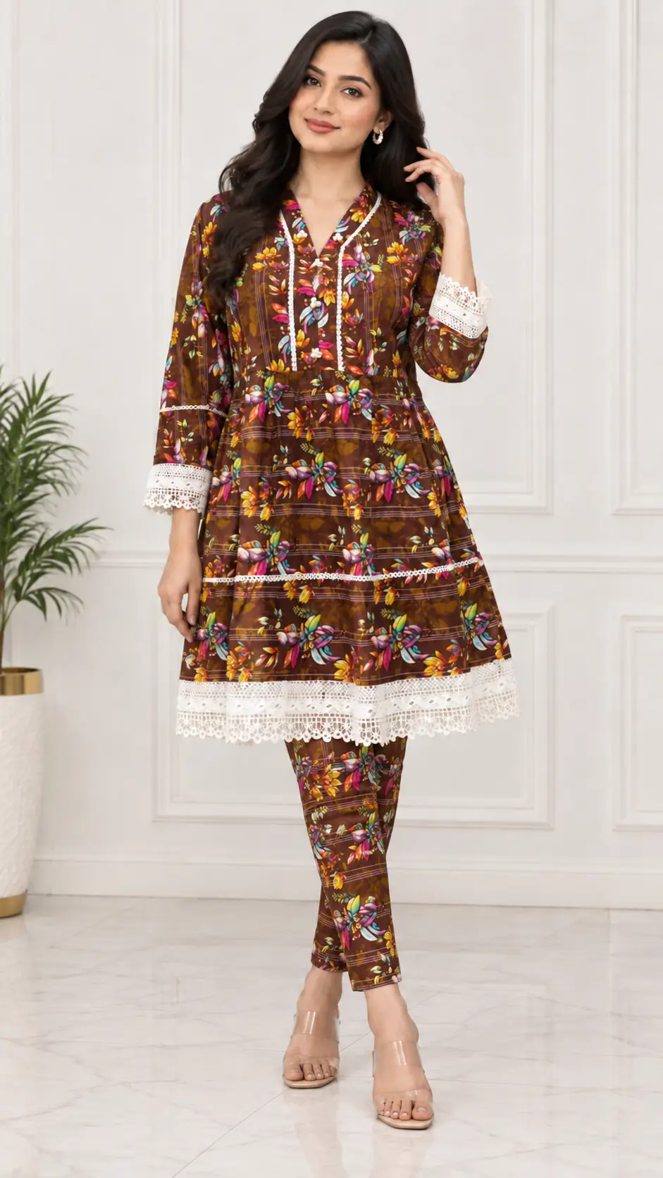 2 Pcs Women's Stitched Linen Printed Frock And Trouser