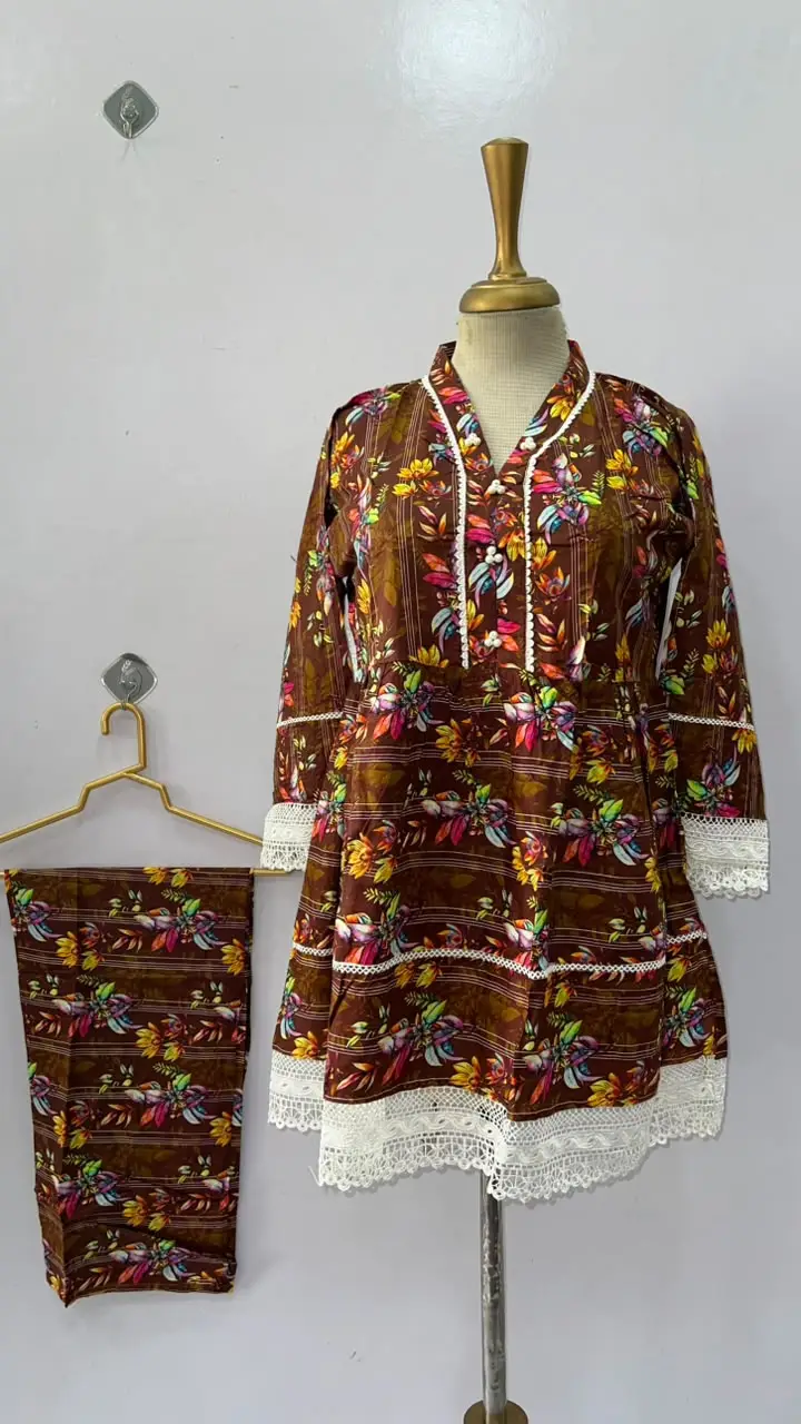 2 Pcs Women's Stitched Linen Printed Frock And Trouser